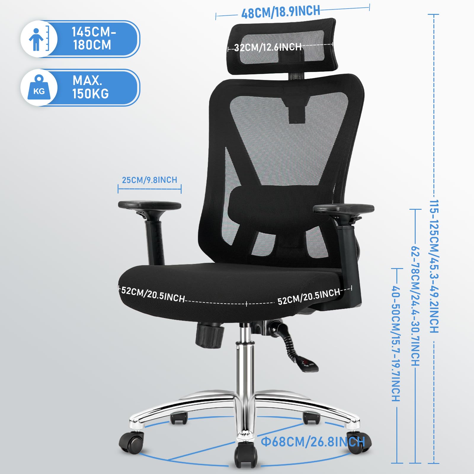 Durrafy Sedia Ufficio Ergonomica, Sedia Scrivania con 2D Poggiatesta, Supporto Lombare Regolabile und Braccioli, 90°-130° Reclinabile Poltrona Ufficio in Rete Traspirante per la Casa, Ufficio e Gaming