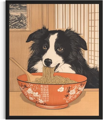 Dog Eat Ramen Japanese Wall Art Print Poster, Quirky Animal Poster, Retro Funny Animal Food Art Print, Unique Kitchen Dining Room Wall Decor, Noodle