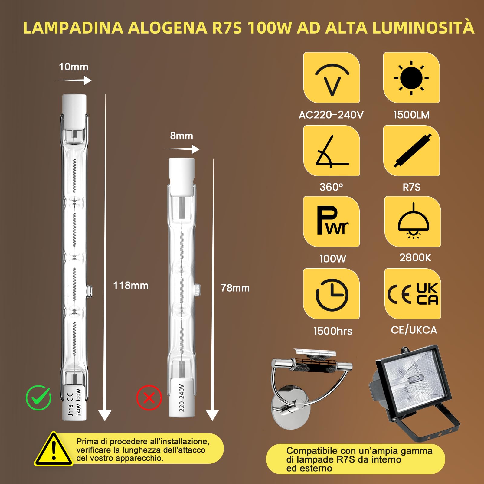 BrightWish R7S Lampadina alogena 118 mm 100 W dimmerabile bianco caldo – Lampadina alogena per faretti, lampade da soffitto, faretti da cantiere, lampade da lavoro