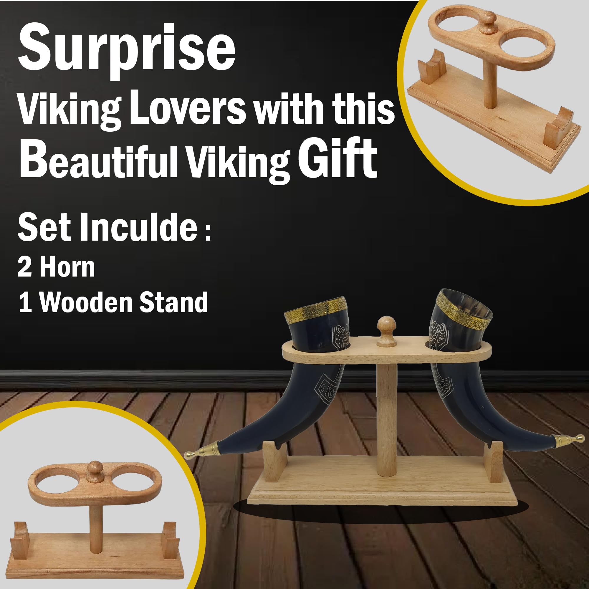 Viking drinking mug, handmade, natural ox horn, mug for ale, beer, mead, wine, 30.5 cm, 100% leak-proof, with a beautiful wooden stand, set of 2