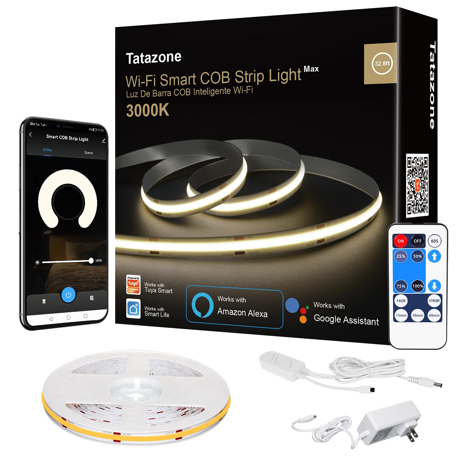 Tatazone Smart - Striscia LED COB bianca con telecomando, 3000 K, luce bianca calda, WiFi, compatibile con Alexa Google, luci LED dimmerabili per interni, per armadietti, stanze, 2 rotoli da 5 m
