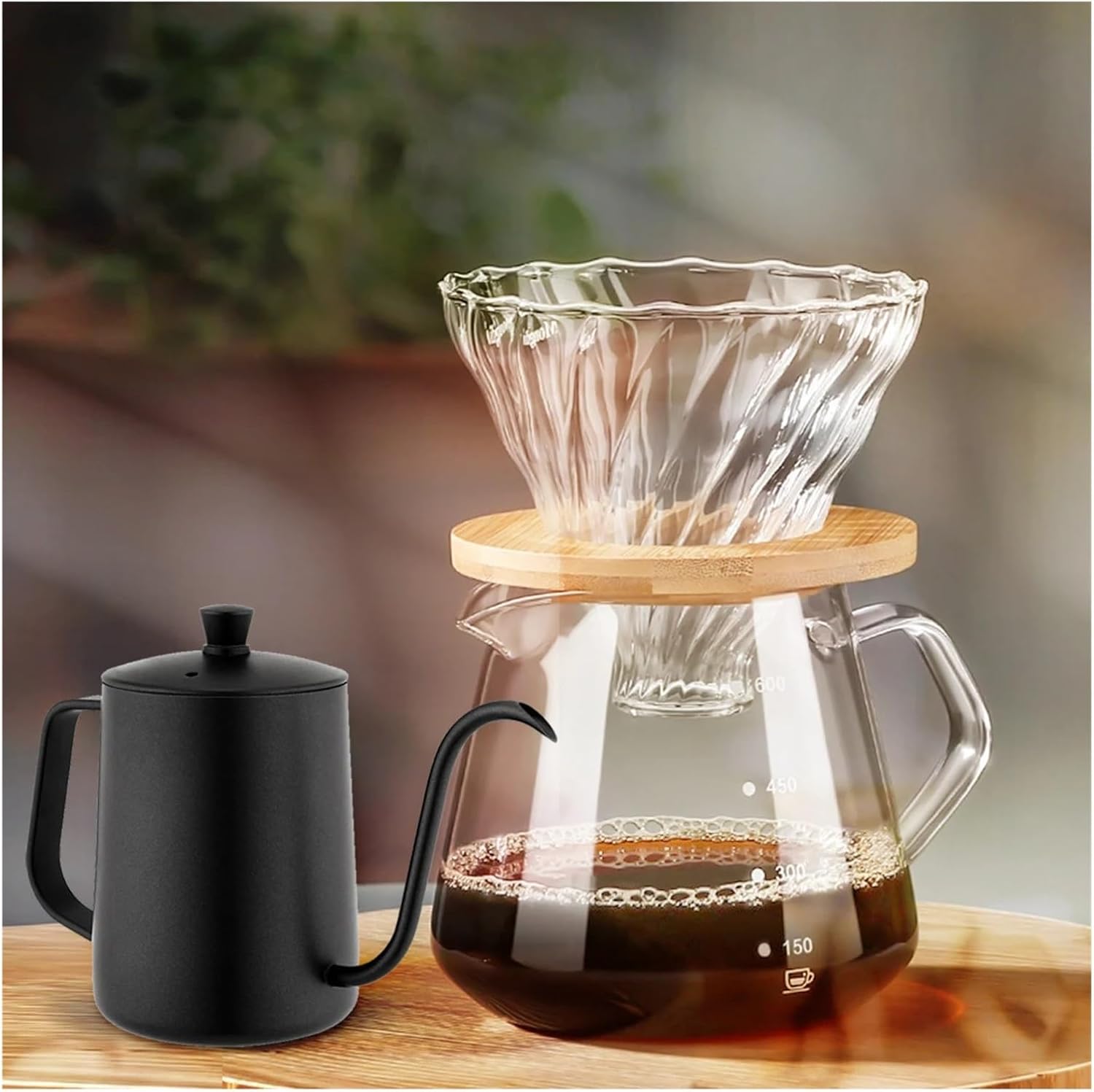 Pour Over Coffee Maker Set Glass Pot With Filter Coffee Dripper Brewer & Stainless Steel Gooseneck Kettle Manual(Set A)