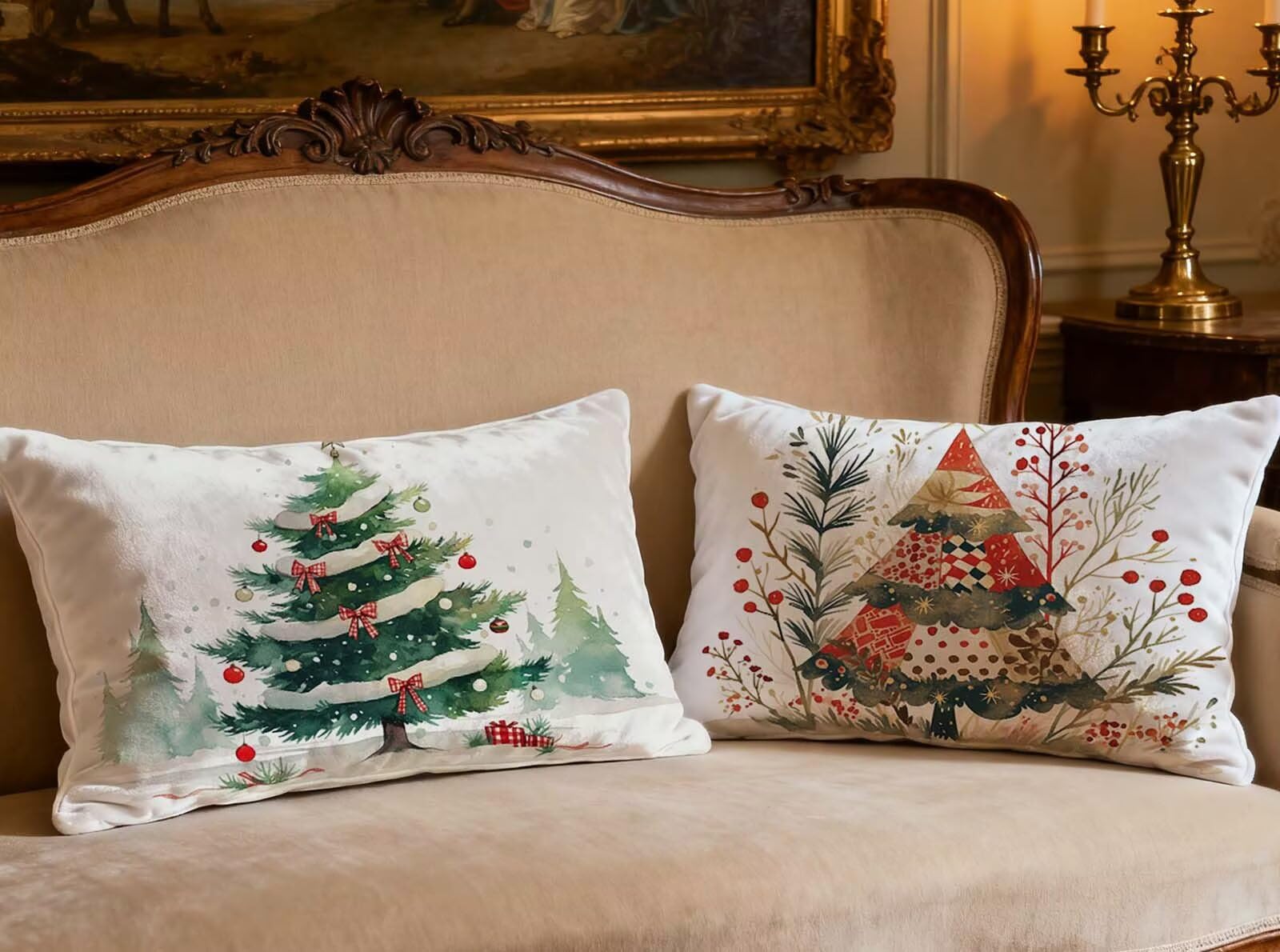 Taie oreiller 70x90cm en velours blanc motif Noël au design raffiné