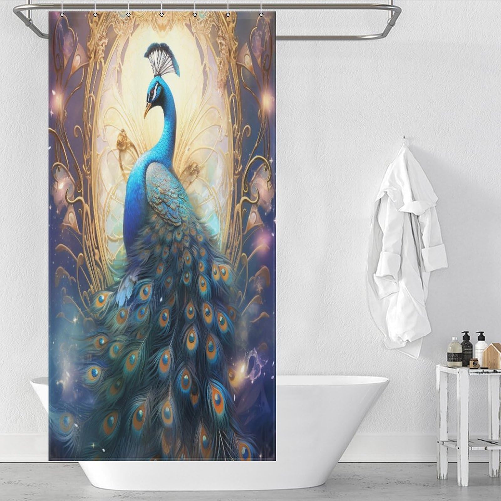 Rideau de douche paon en tissu lavable 92x183 cm avec 12 crochets