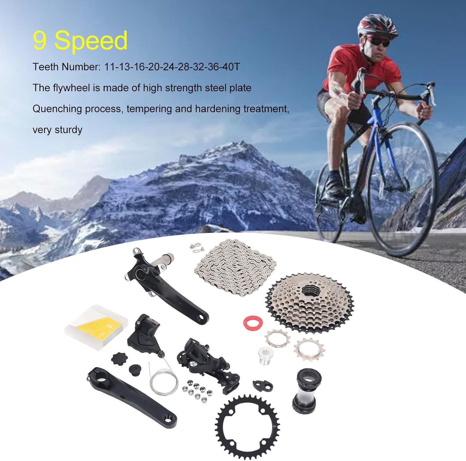 Fockety 9 Speed Mountain Groupset, 11 to 40T Wide Multi Shift Groupset with Shifter & Rear Derailleur, Integrated Crank, Chain, Tail Hook, Mountain Crankset Shift Housing Kit (36T