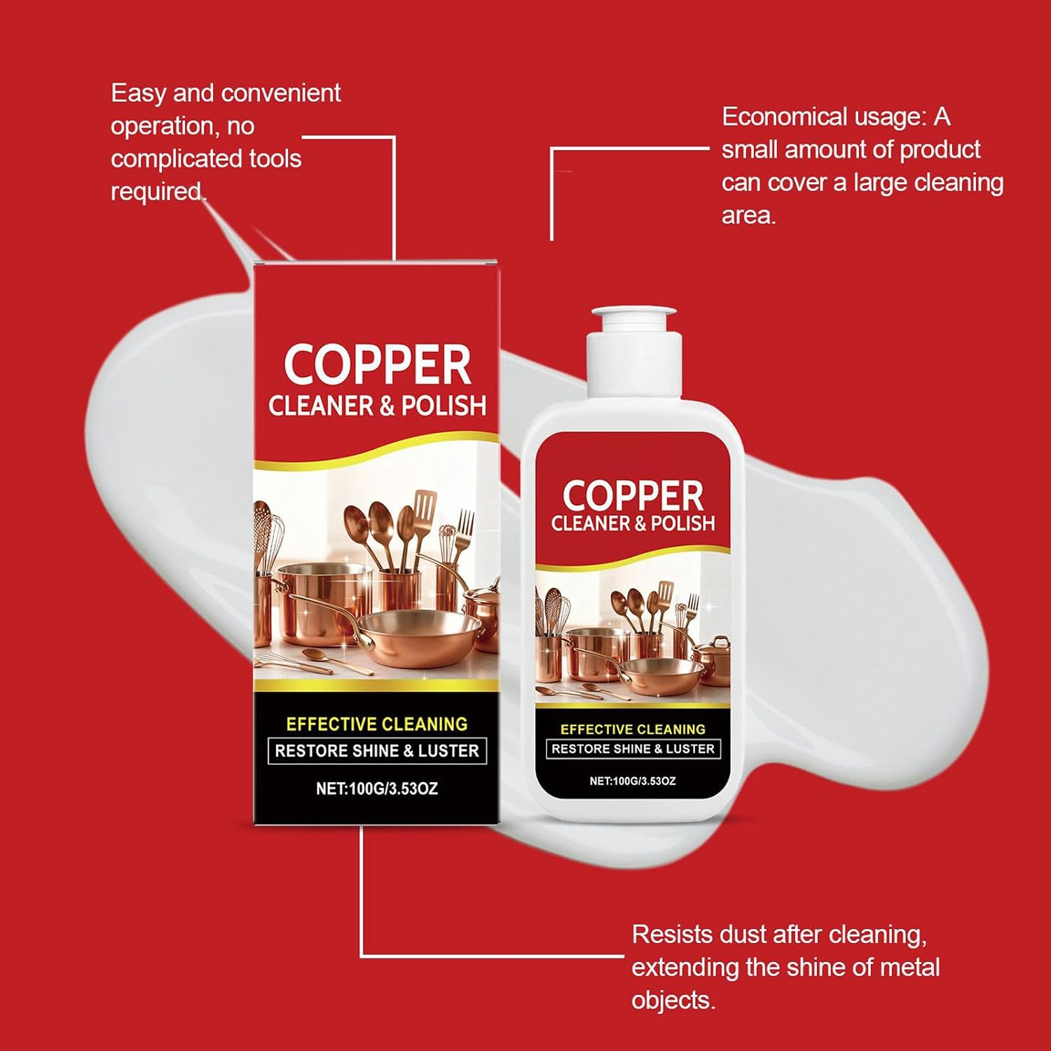 Copper Polish - Gentle No Scratch Cleaner, Multipurpose Metal Polish with Fast Shine, Brass Copper Polishing Cleaner for Handicrafts Home Decoration Antiques Pots Pans Sinks