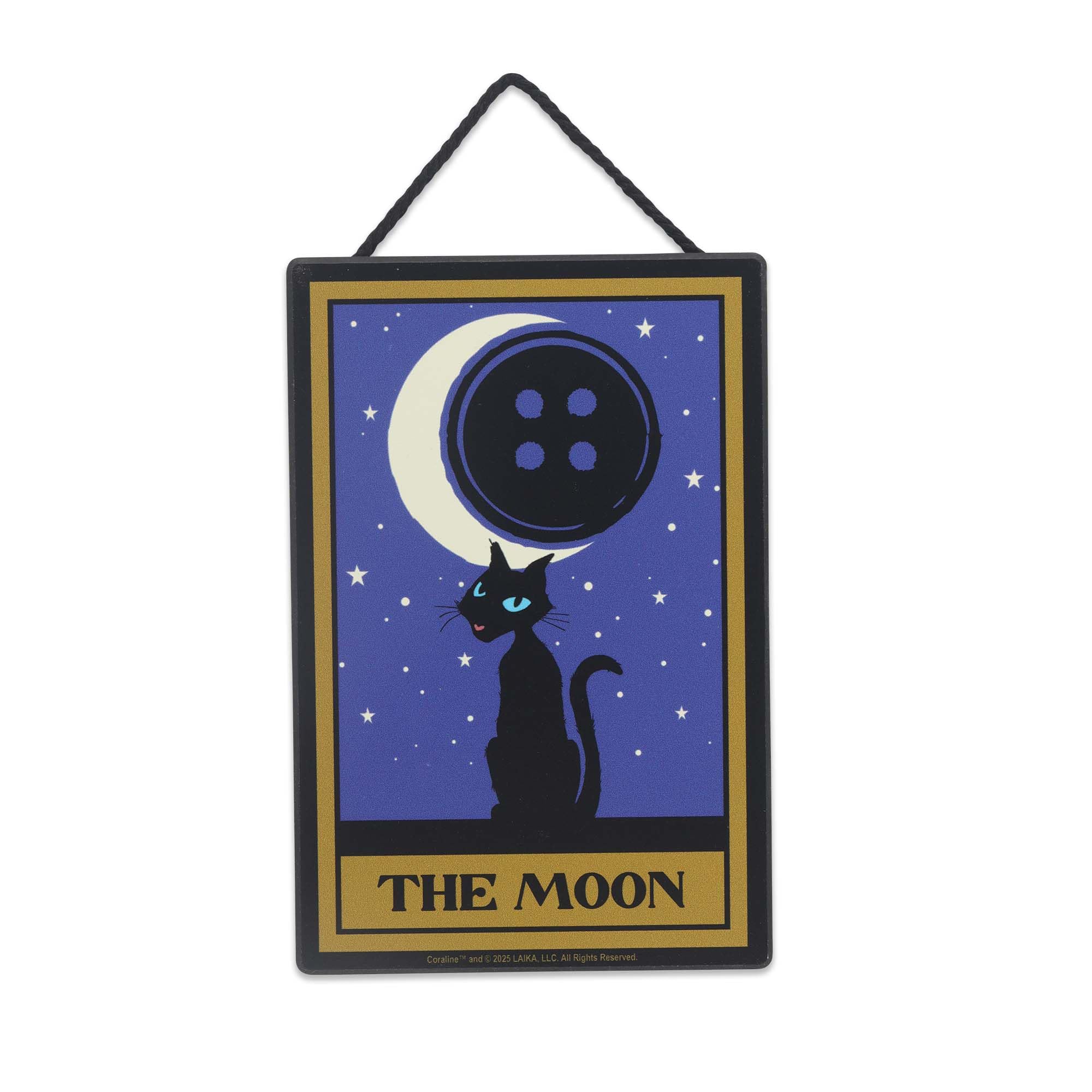 Open Road Brands Gold/Purple Coraline The Moon Hanging Wood Wall Decor – Fun Coraline Wall Art Featuring Cat, Crescent Moon And Button
