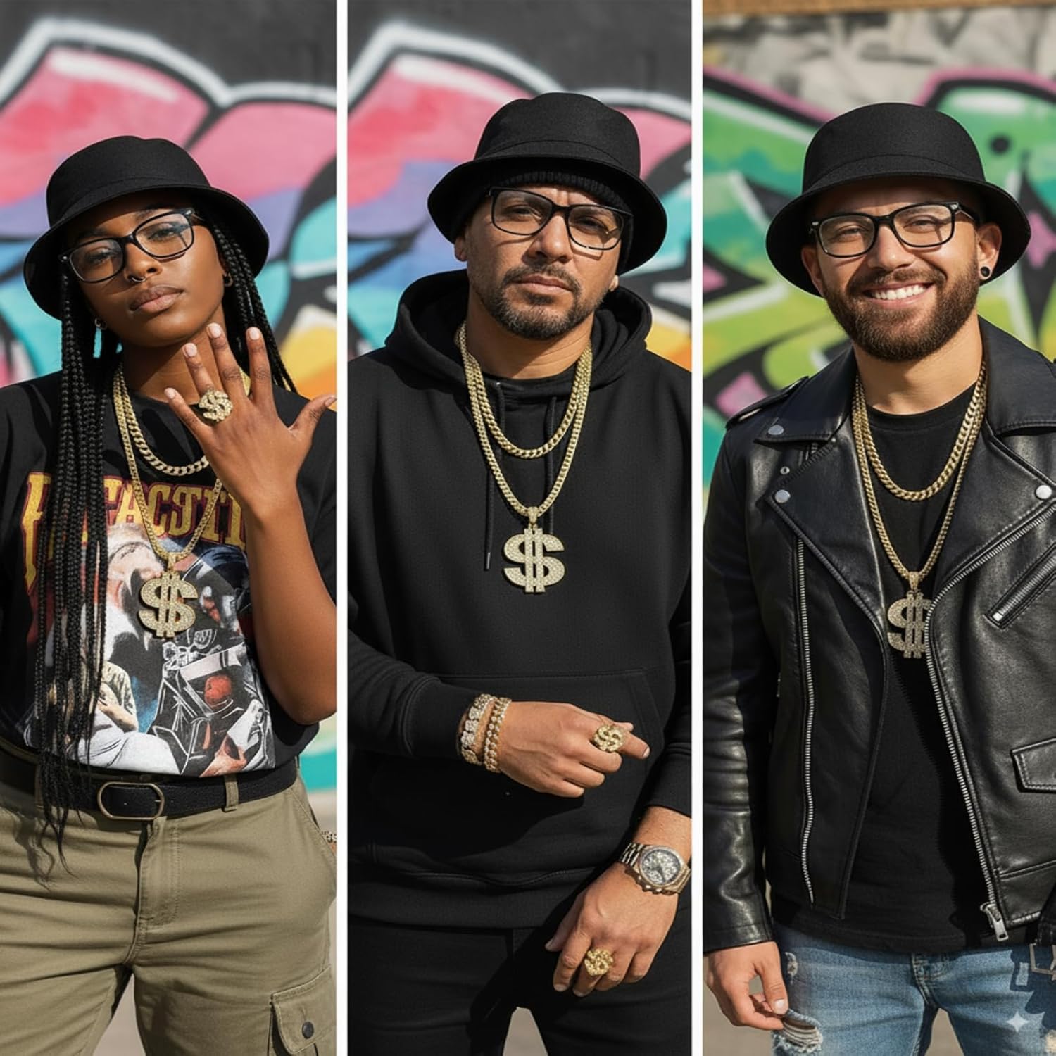 Gejoy Hip Hop Costume Kit 80s 90s Rapper Accessories Outfit for Men Women Sunglass Hat Chain Ring Halloween Party Decoration - Image 4