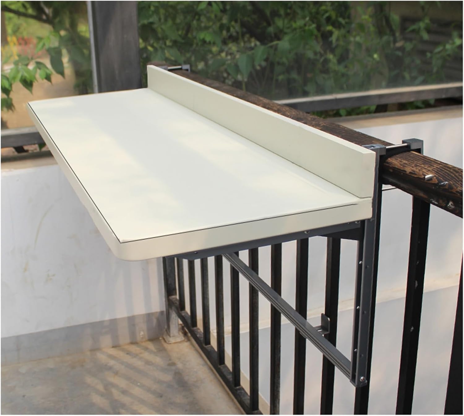 Adjustable Outdoor Folding Balcony Bar - Railing Patio Mounted HDPE Bar for Garden Deck, White - Perfect for Baluster Spaces (L120*W39cm)