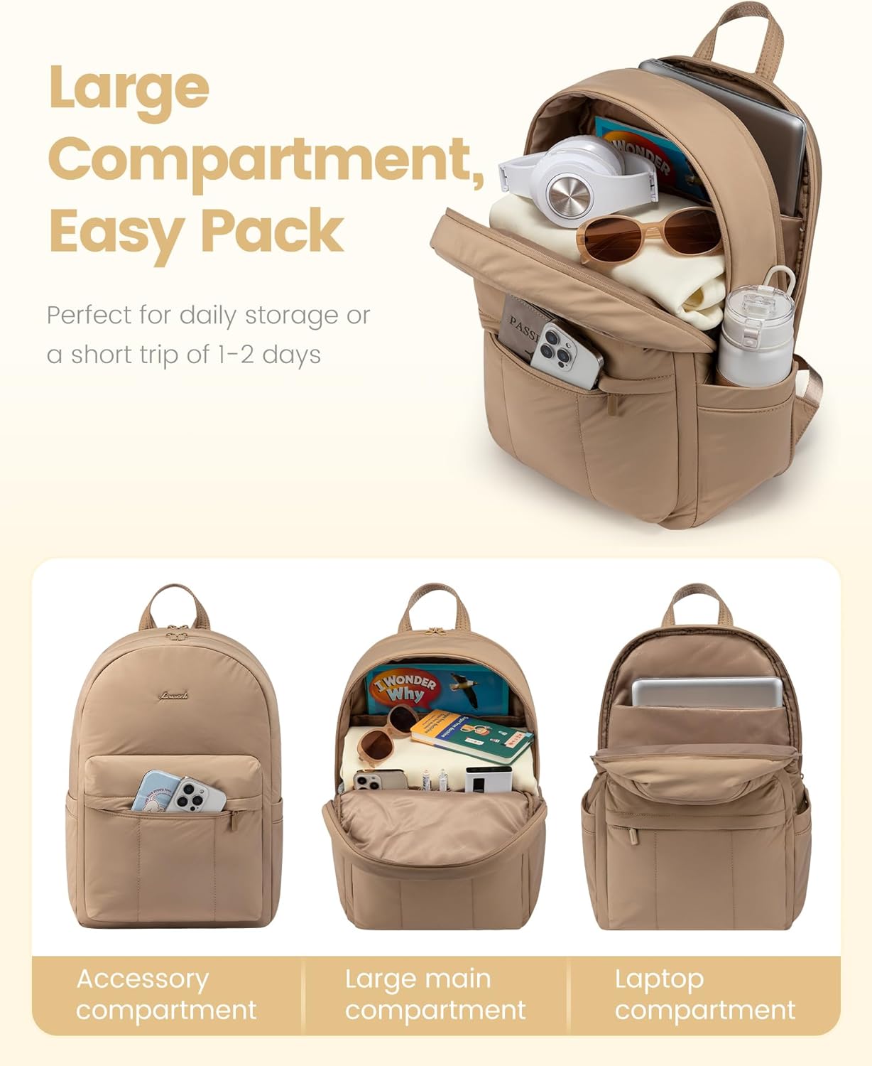 LOVEVOOK Puffer Backpack for Women Girl Travel Work, Lightweight Quilted Laptop Backpack Purse, Cute Bookbag Teacher Nurse Laptop Bag Computer Backpack, Waterproof Casual Daypack,17.3 Inch, Khaki