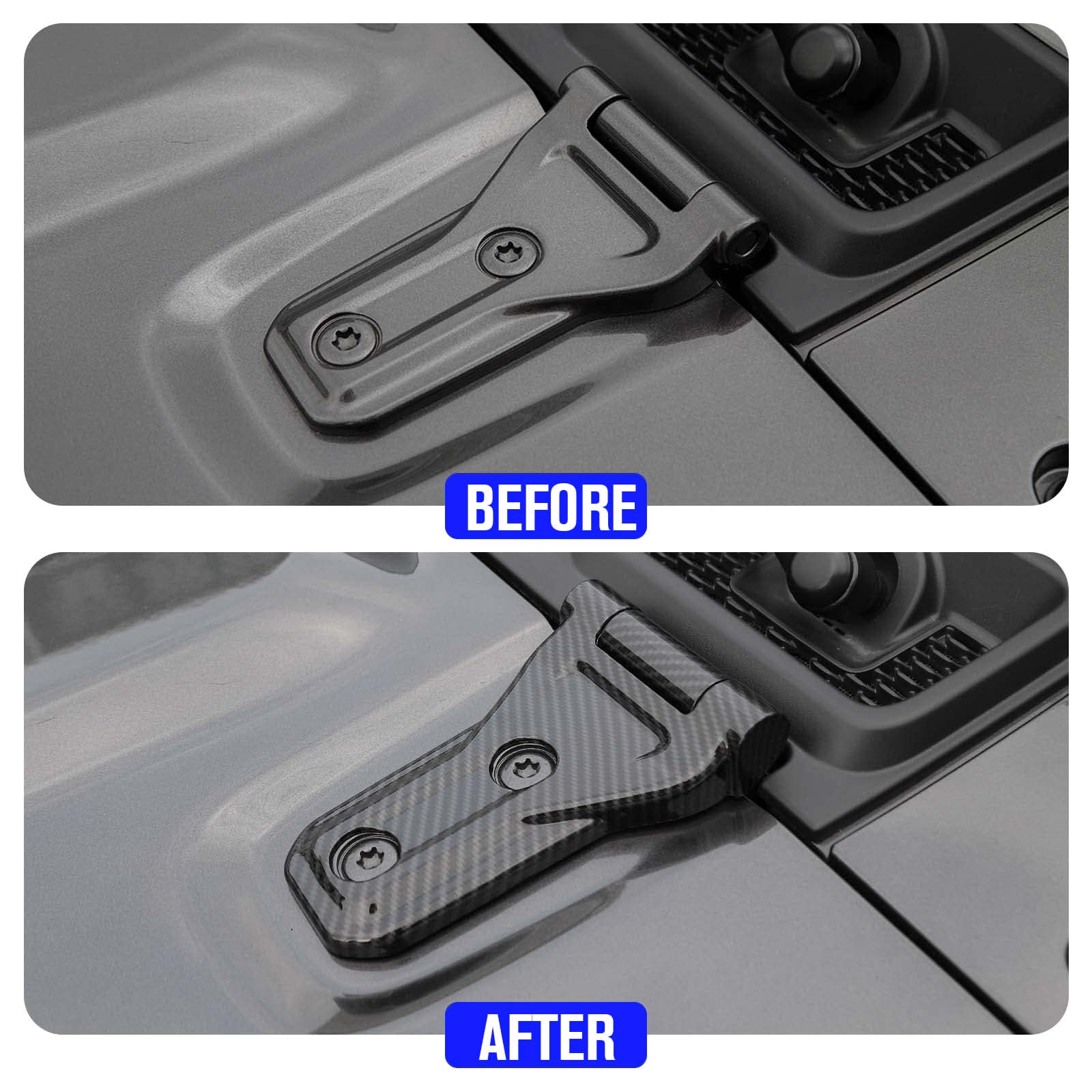 Lot de 2 protections de charnière de capot compatibles avec Jeep Wrangler JL JLU et Gladiator JT 2018-2023, accessoires extérieurs en fibre de carbone pour charnières de capot avant, plastique