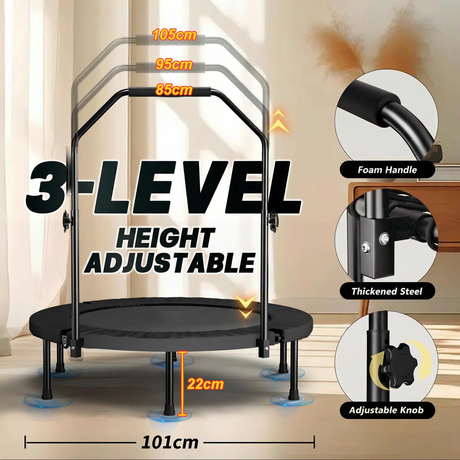 Trampolina fitness, składana, 101 cm, z uchwytem mocującym – mini trampolina dla dorosłych, uchwyt N, 36 sprężyn i 6 nóg – stabilna trampolina do domu i kardio – czarna