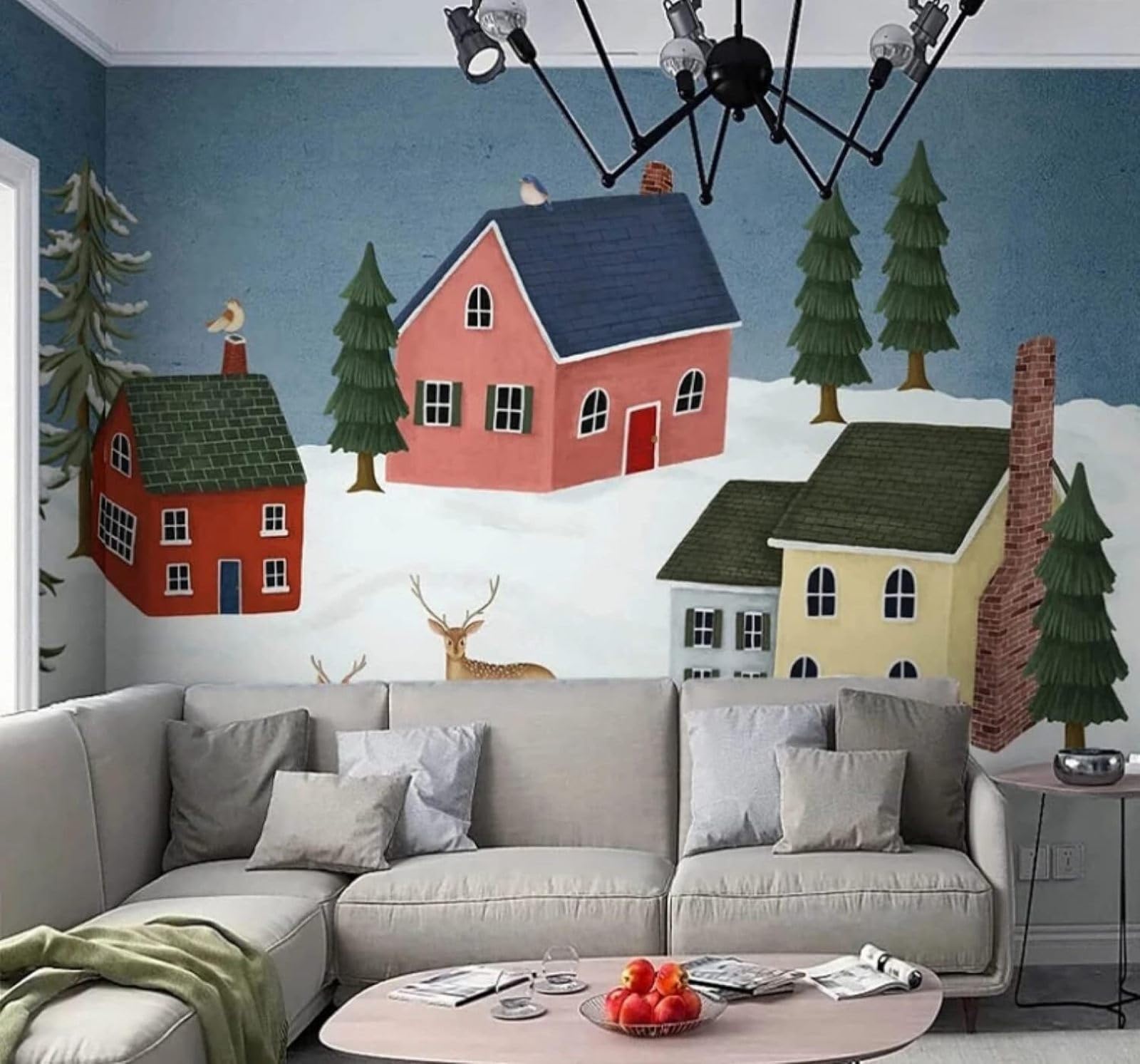 XLMING Cartoon Winter House Roe Deer Landscape 3D Wallpaper Luxury Silk Study Dining Feature Sofa Grey Bedroom Living Room Tv Decorative Wall-250cm×170cm