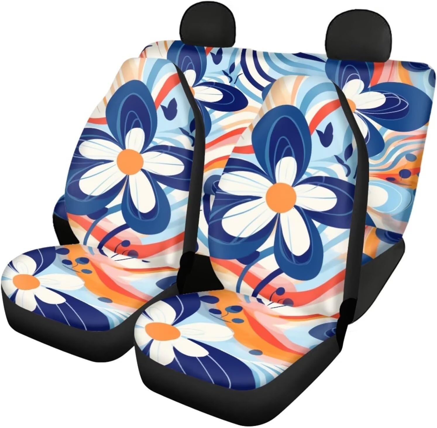 PinUp Angel Navy Blue White Floral Print Car Seat Covers Full Set, Floral Seat Covers for Cars, Car Seat Protector, Car Seat Covers Front Seats and Rear Fit for Most Cars