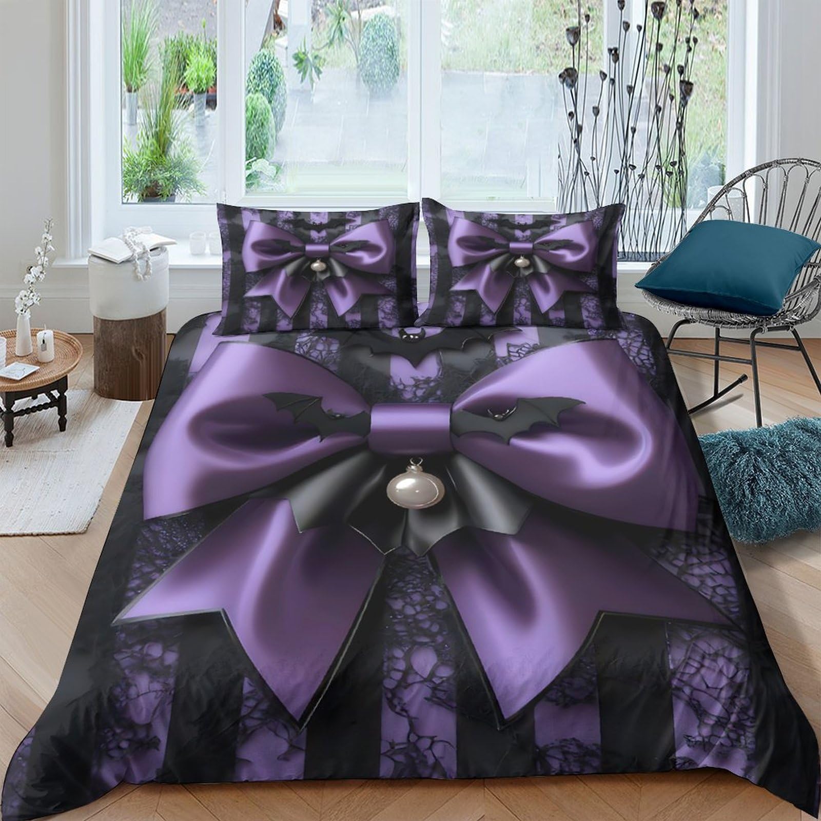XFKLYNVCJ 3D Printed Halloween Bow Duvet Cover Premium Polyester Gothic Decorative Quilt Cover Lightweight Hypoallergenic for Uni Accommodation Student Bedroom Bedding Use Single（135x200cm）