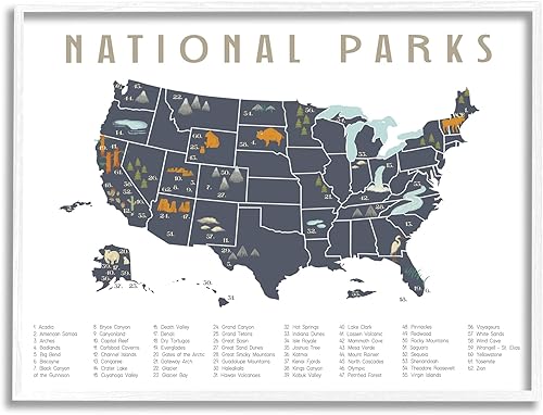 Stupell Industries National Parks United States Adventure Map Blue White, diseñado por Daphne Polselli - Arte de pared enmarcado, 14 x 11 pulgadas