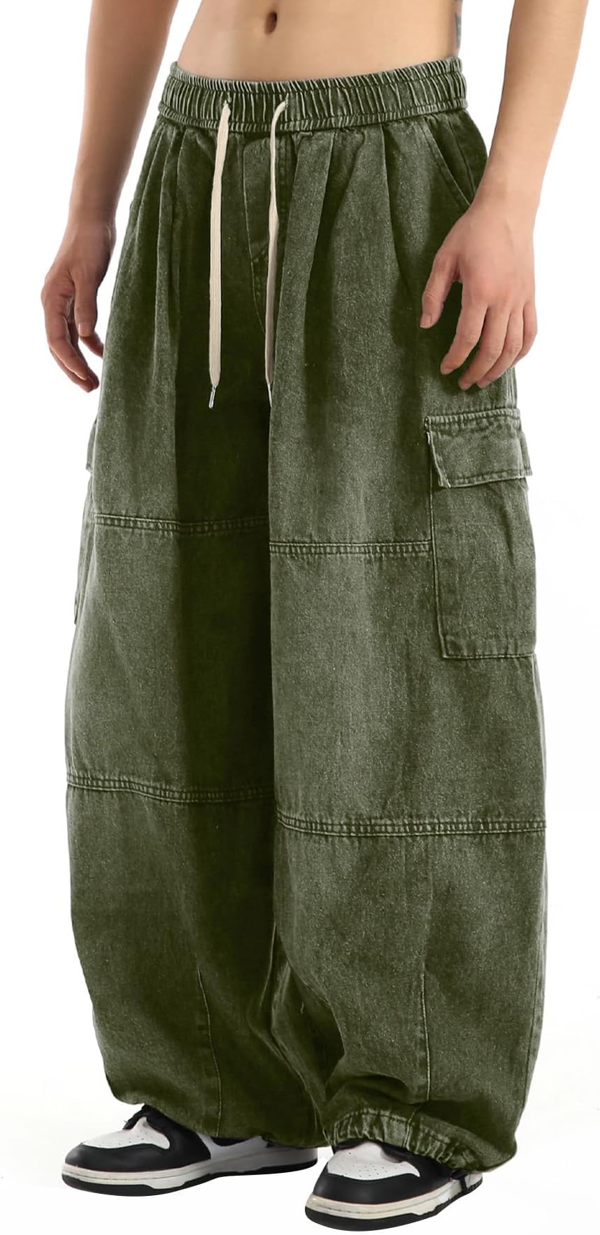 Bakyarder Men's Vintage Washed Cargo Jeans, High Waist, Baggy Wide Leg, Unisex Streetwear with Multiple Pockets