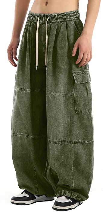 Bakyarder Mens Vintage Washed Cargo Jeans, High Waist, Baggy Wide Leg, Unisex Streetwear with Multiple Pockets