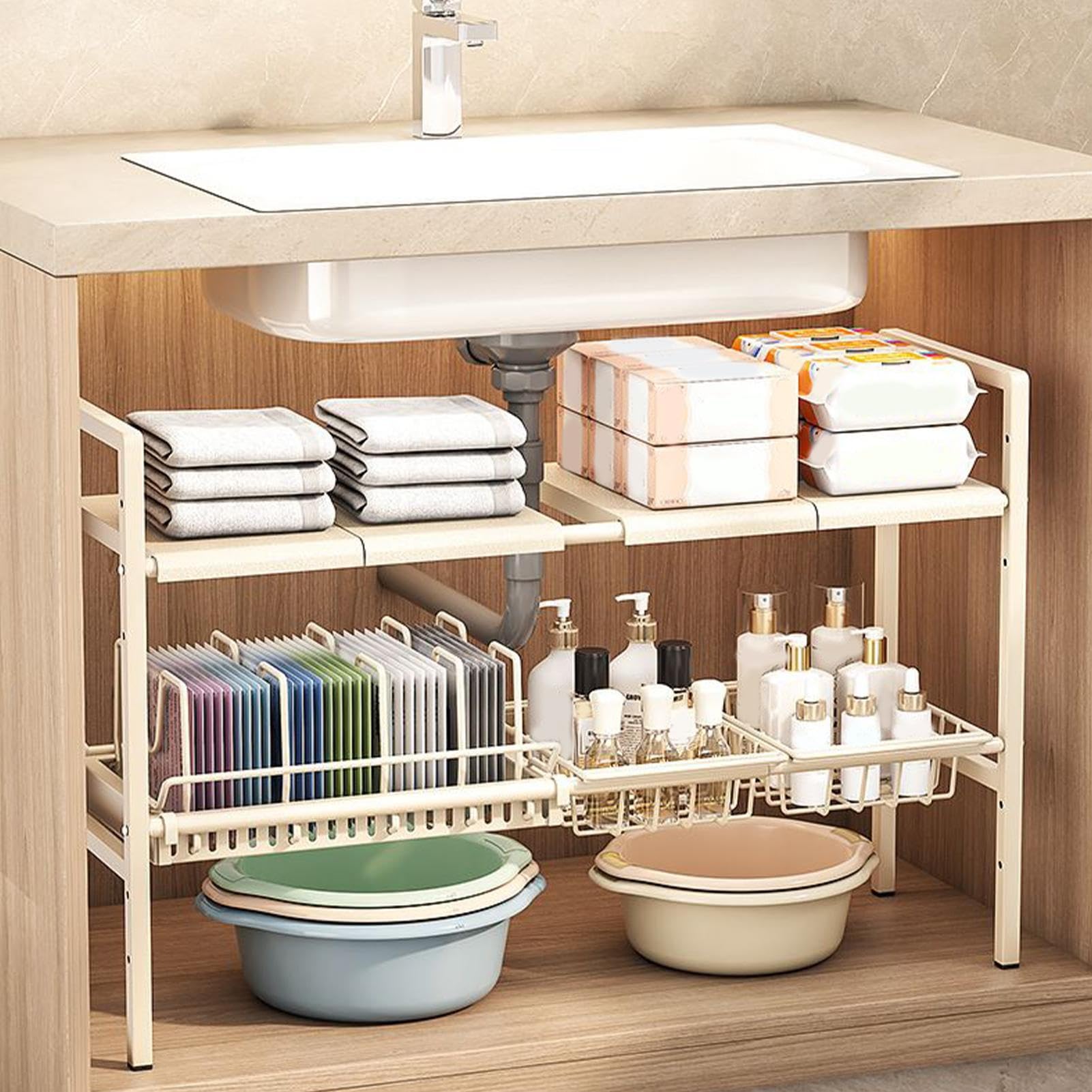 Organizador Para Debajo Del Fregadero De Baño Organizadores Y | Estante Extensible De Doble Altura Para Utensilios De Cocina Y Armarios