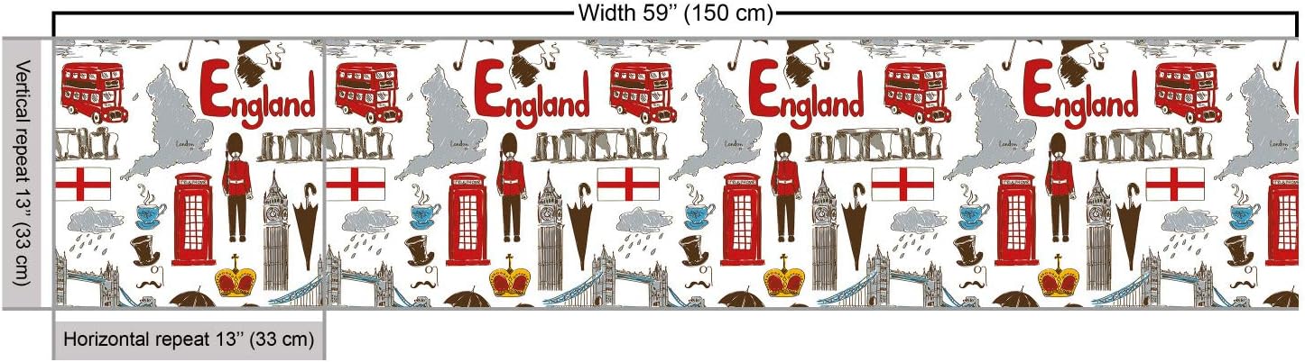 Ambesonne London Fabric by The Yard, Fun Colorful Sketch Royal Guard Map Rain Famous Country Landmarks and Stonehenge, Decorative Fabric for Upholstery and Home Accents, 2 Yards, Grey Ruby