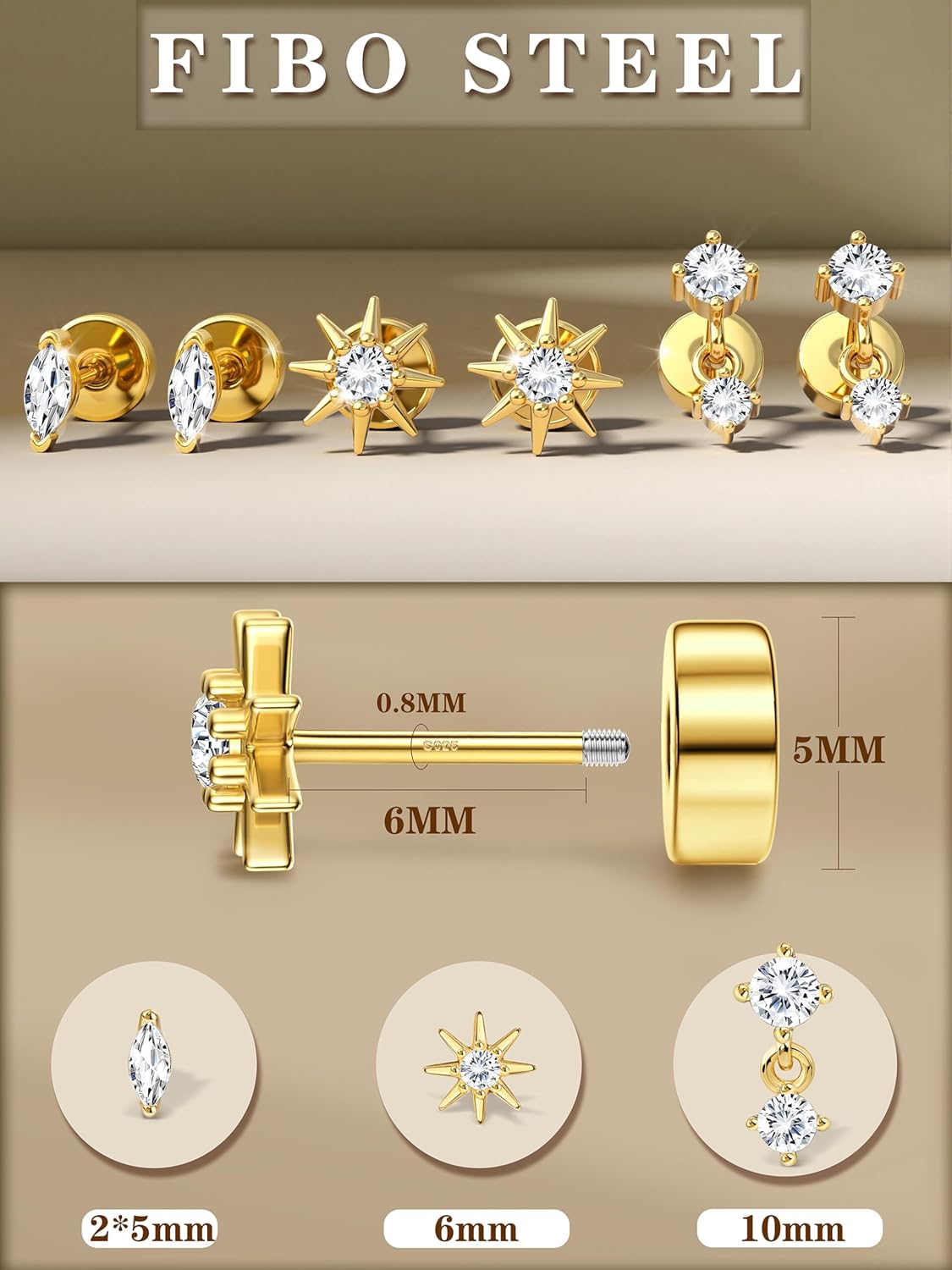 S925 Sterling Silver Flat Back Earrings for Women Hypoallergenic - 14K Gold Plated Flatback Stud Earrings Cartilage Helix Tragus Conch Piercing Jewelry 3 Pairs Dainty CZ Butterfly Studs - Image 5