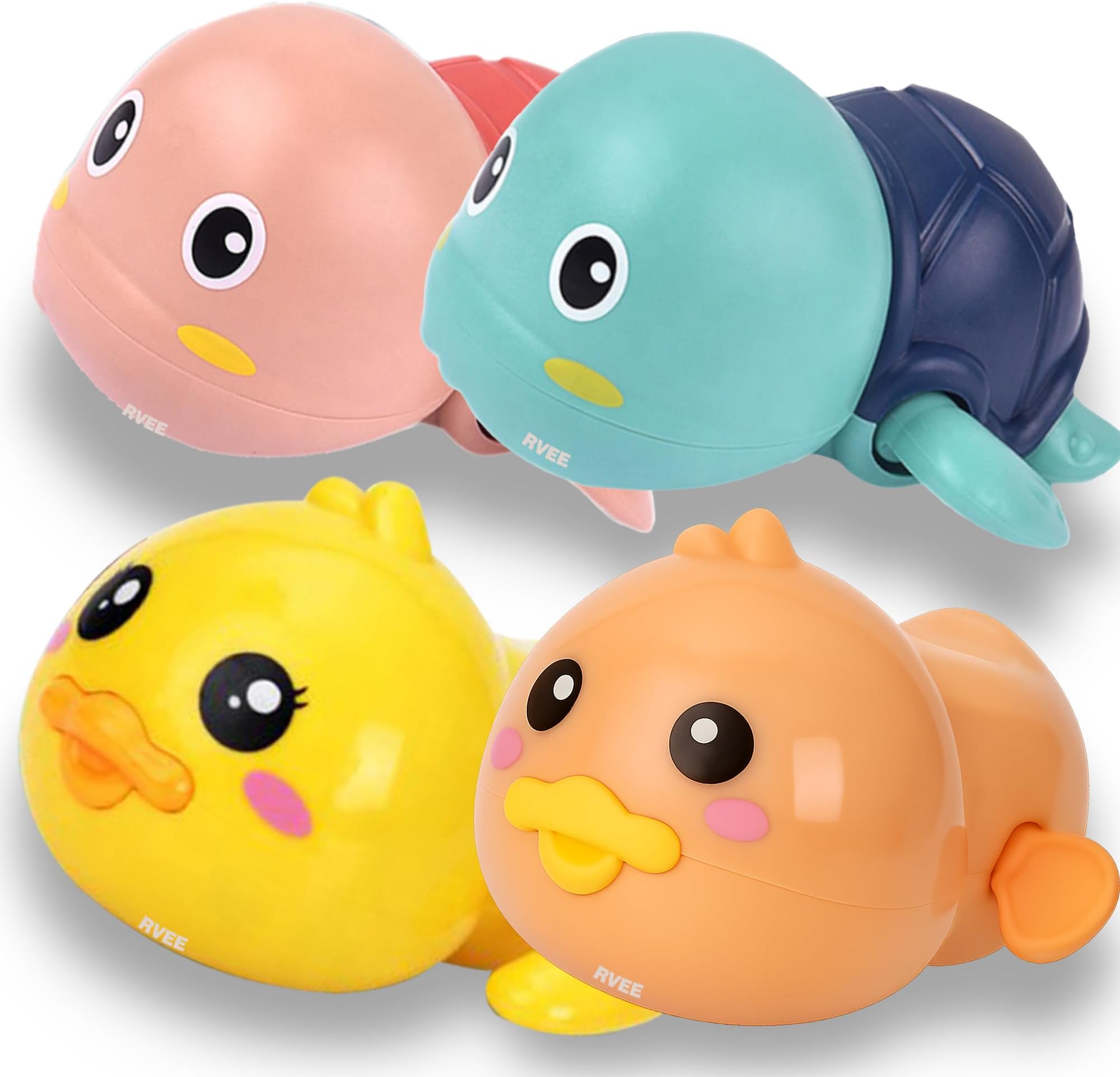 RVEE Wind Up Bath Toys for Kids (Pack of 4) | Swimming Turtle, Whale & Duck Bathtub Toys | Baby Bath Toys for Toddlers 1–5 Years | No Battery Water Toy | Return Gift for Boys & Girls