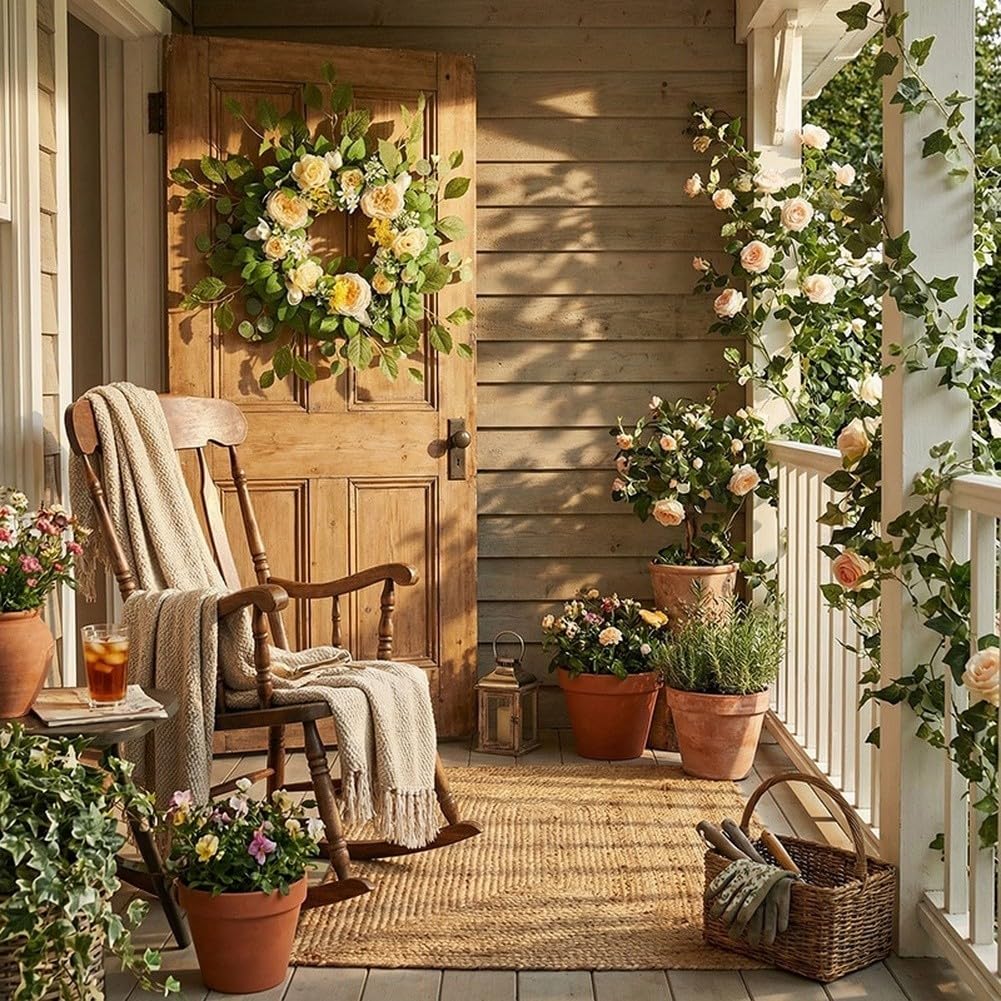 Corona floral artificial con ramo de rosas, peonías, eucaliptos y girasoles, 65 cm de diámetro, decoración del hogar para boda (polvo)