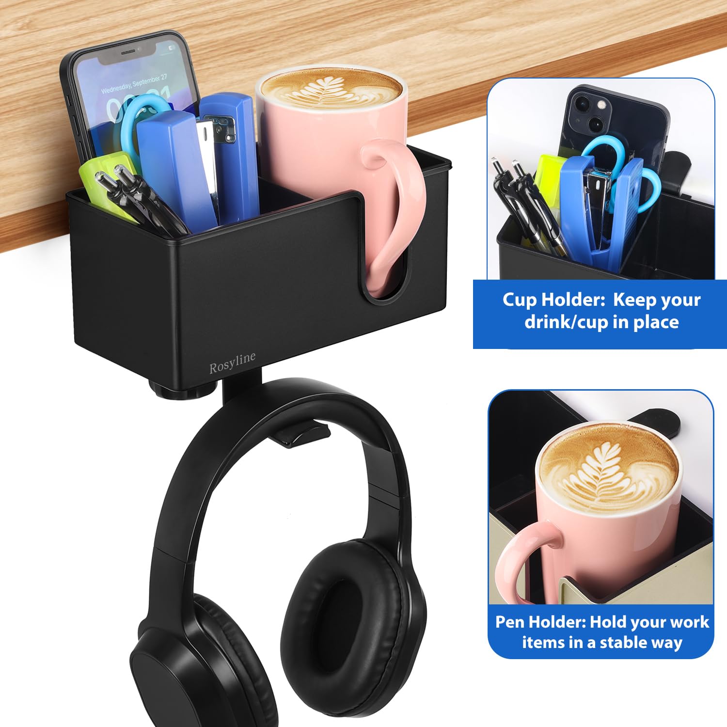 ROSYLINE Soporte para taza de escritorio, soporte para bolígrafos, soporte para auriculares, gancho giratorio (negro)