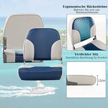 COSTWAY Set of 2 Folding Boat Seats Boat Chairs with 12 cm Thick Sponge Padding Padded Steering Chair Blue/Beige/Grey 49 x 41 x 47 cm