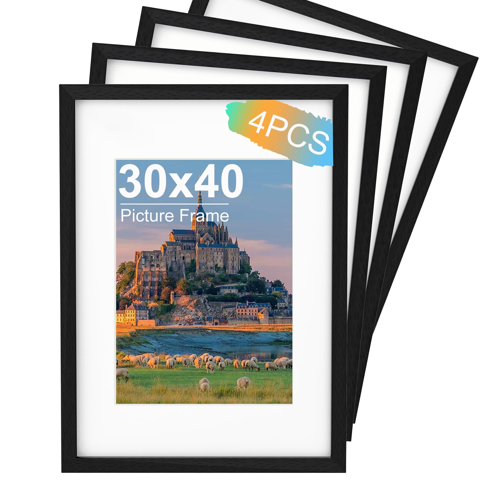 3040 Picture Frame 4 Pack, Black Wooden Photo Frame 30x40 cm with Mount, Poster Frame for Certificates and Artwork, Wall Mount Horizontal or Vertical