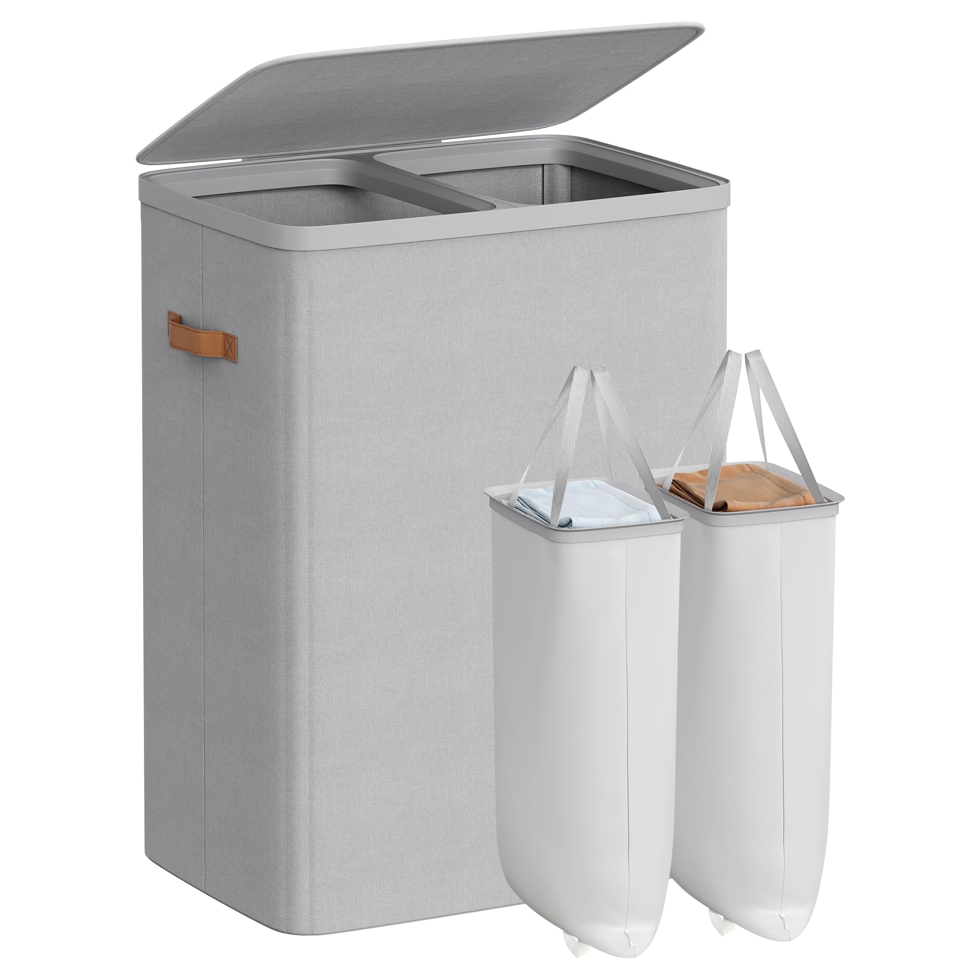 SONGMICS Laundry Basket, 44.9 Gal. Laundry Hamper, 2 Compartments, Easy Assembly, with Lid and Handles, Removable Inner Bags, 22 x 15.7 x 29.5 Inches, Dove Gray ULCB813G01 170 L (2-Section)