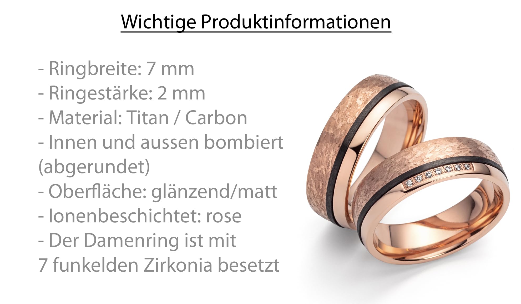 Partnerringe & Eheringe aus Titan Carbon – 7 mm Ringpaar rosé beschichtet mit 7 Zirkonia, Trauringe mit Gravur und Etui | 3910