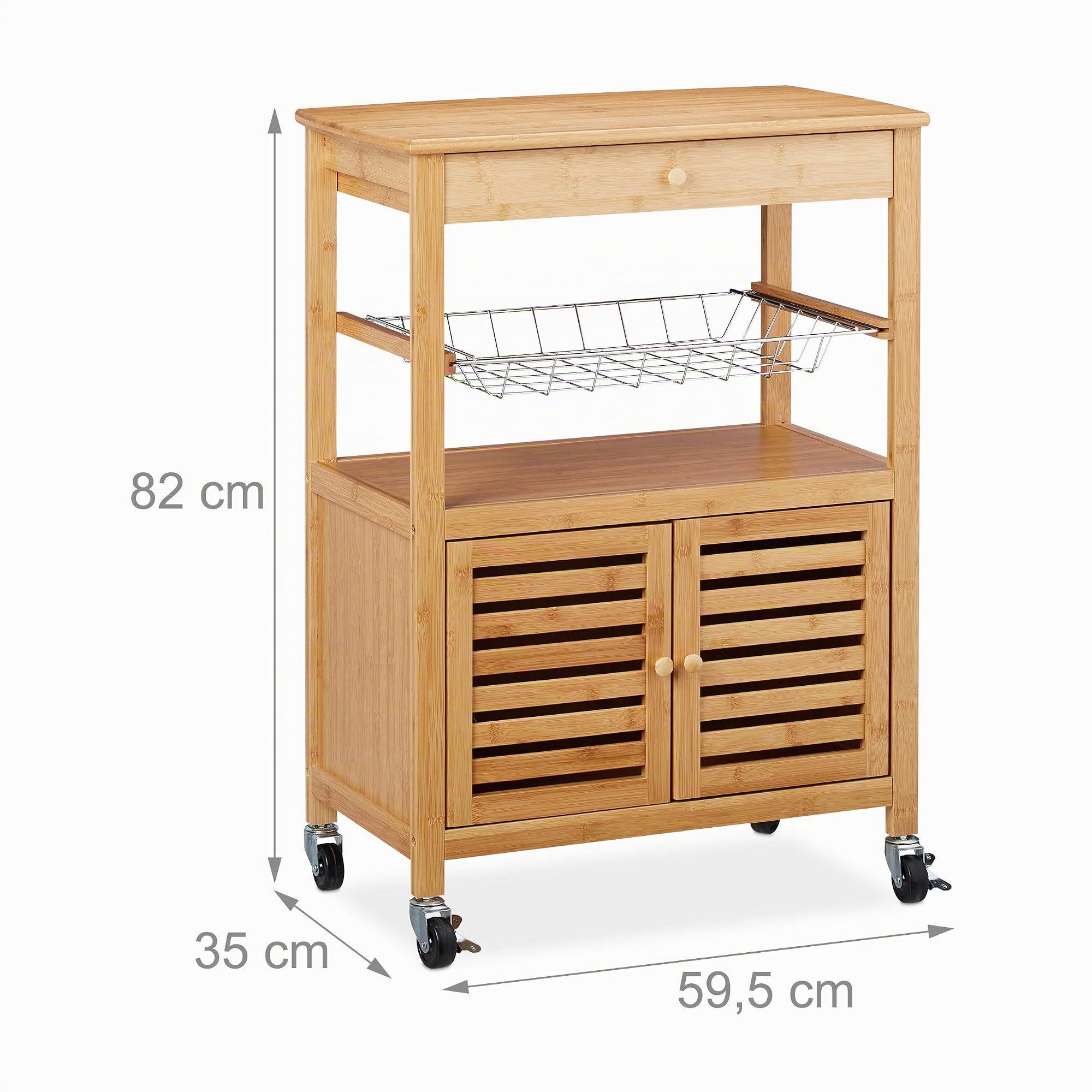 Relaxdays Desserte de Cuisine Bambou, Chariot de Service, Plan Travail, roulettes, HxlxP 82 x 59,5 x 35 cm, Nature, MDF, Acier
