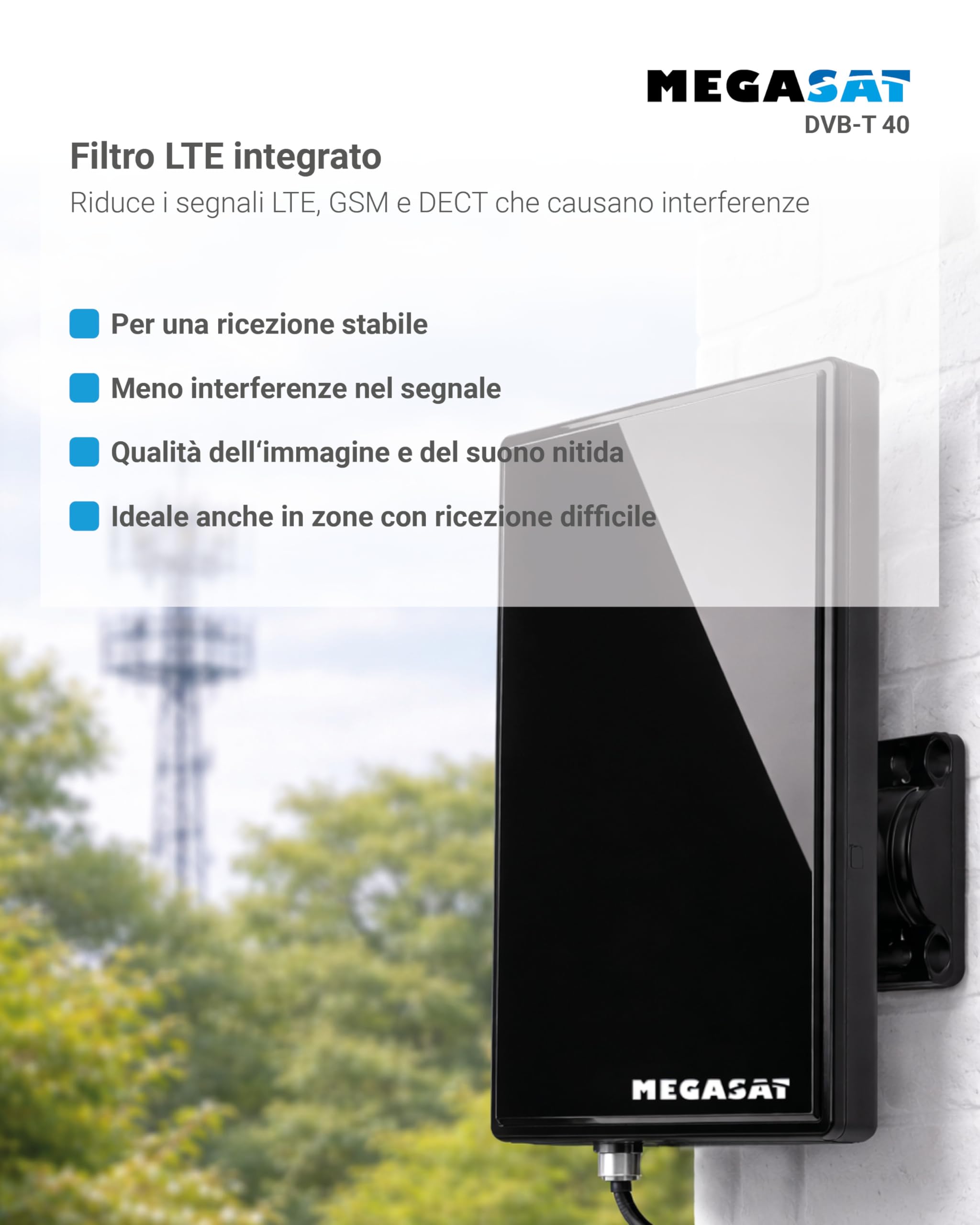 Megasat DVB-T 40 – Antenna, interno & esterno, TV & radio – Nero | Digitale Terrestre, FM, DAB/DAB+, alloggiamento impermeabile, filtro LTE, amplificazione 28 dB