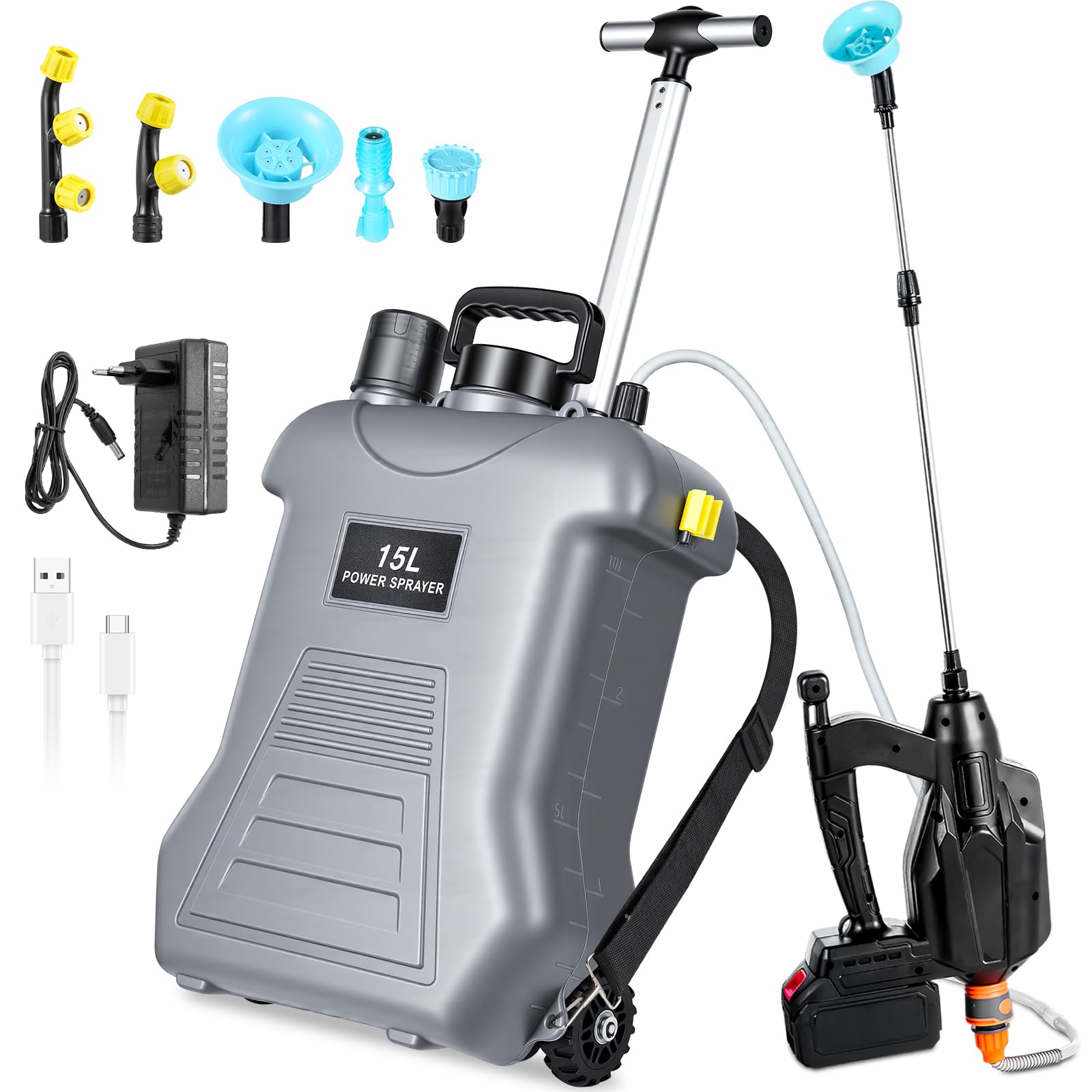 Spruzzatore elettrico posteriore 18 V con batteria al litio e carrello a rotelle, 15 l, compatibile con Makita, 3 livelli di pressione, pistola telescopica per giardino, pulizia e controllo
