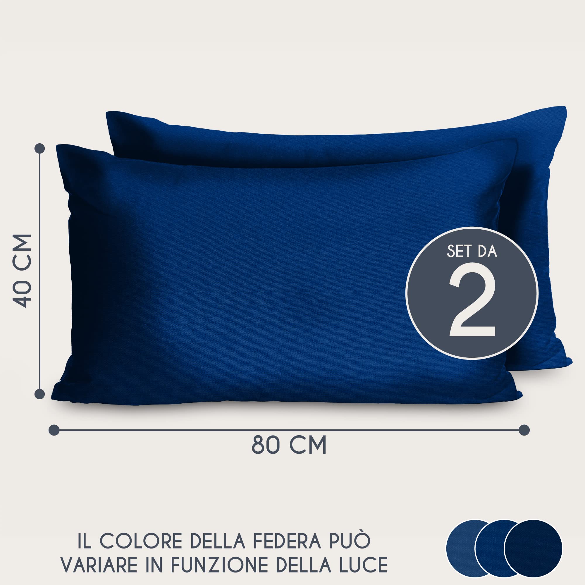 Dreamzie Federe 40x80 Cotone Rinforzato (Set da 2) - Blu Scuro - Trama Fitta a 57 Fili/cm² - Federe Cuscini 40x80 cm - Federe Cuscino 40x80 Certificate Oeko Tex