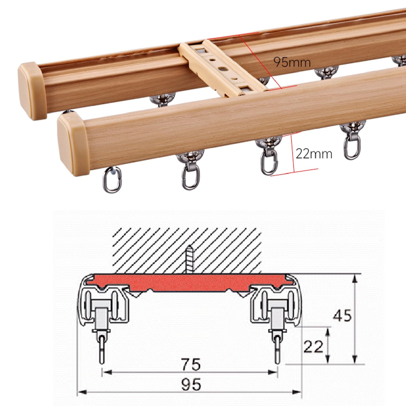 Imitacja drewna słojów zestaw szyn sufitowych cichy poślizg podwójny karnisz do salonu i sypialni 230 cm (2 x 115 cm) regulowany system karnisza