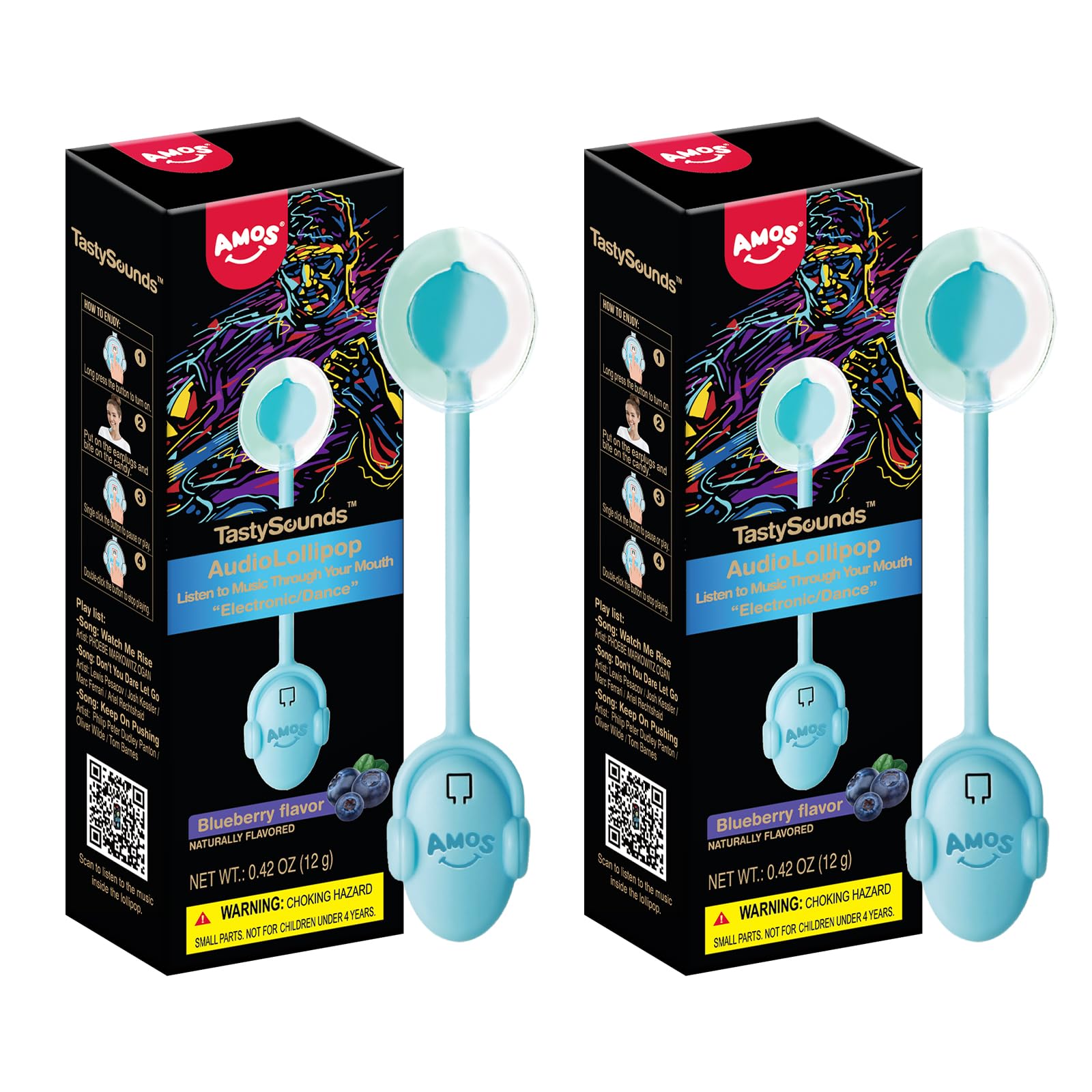 AMOS Lutscher Audio Lollipop Süssigkeiten, 1x Erdbeere & 1x Blaubeere Ostern Süßigkeiten Geschenke Musik Lollies Bonbons Süßigkeitens, Lutscher Zuckerfrei Einzeln Verpackt
