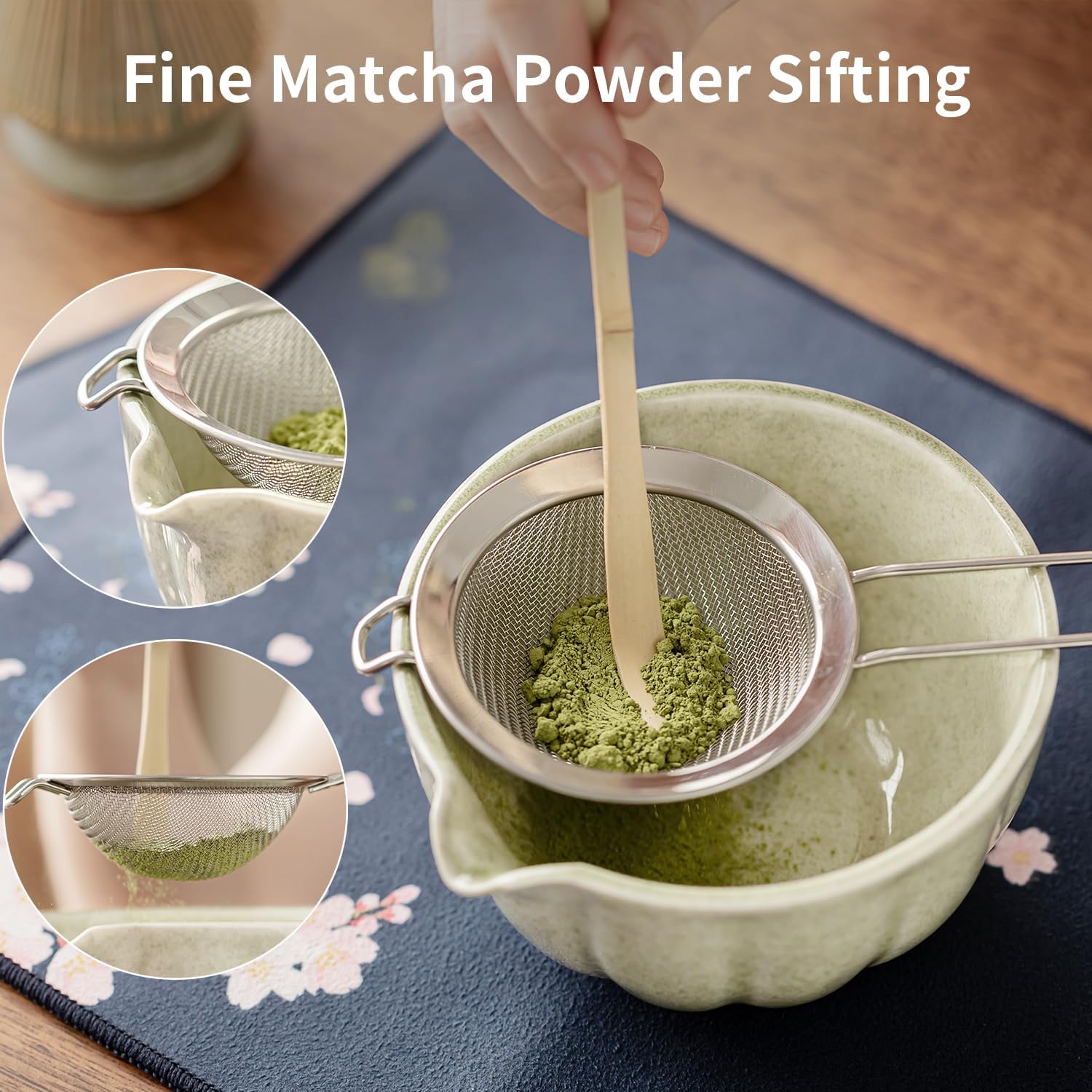8 Pcs Matcha Whisk Set - HTRCXB Matcha Set with Ceramic Bowl, Bamboo Whisk & Holder, Scoop, Sifter, Measuring Spoon, Scoop Rest & Tea Towel, Complete Gift Kit for Beginners & Tea Lovers - Image 4