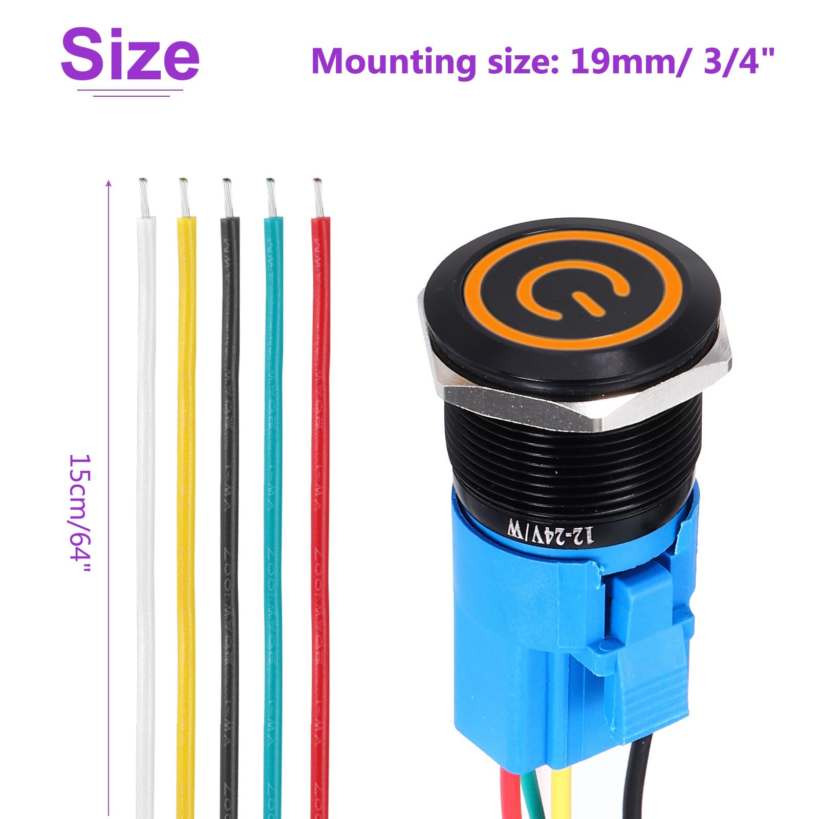 DMiotech 2 Pack 19mm / 3/4" Aluminium Alloy Momentary Push Button Switch Flat Head 3A 12-24V Black Shell 5 Pin with Cable Socket Orange Switch LED 1NO1NC for Car Boat Systems Custom Setups - Image 4