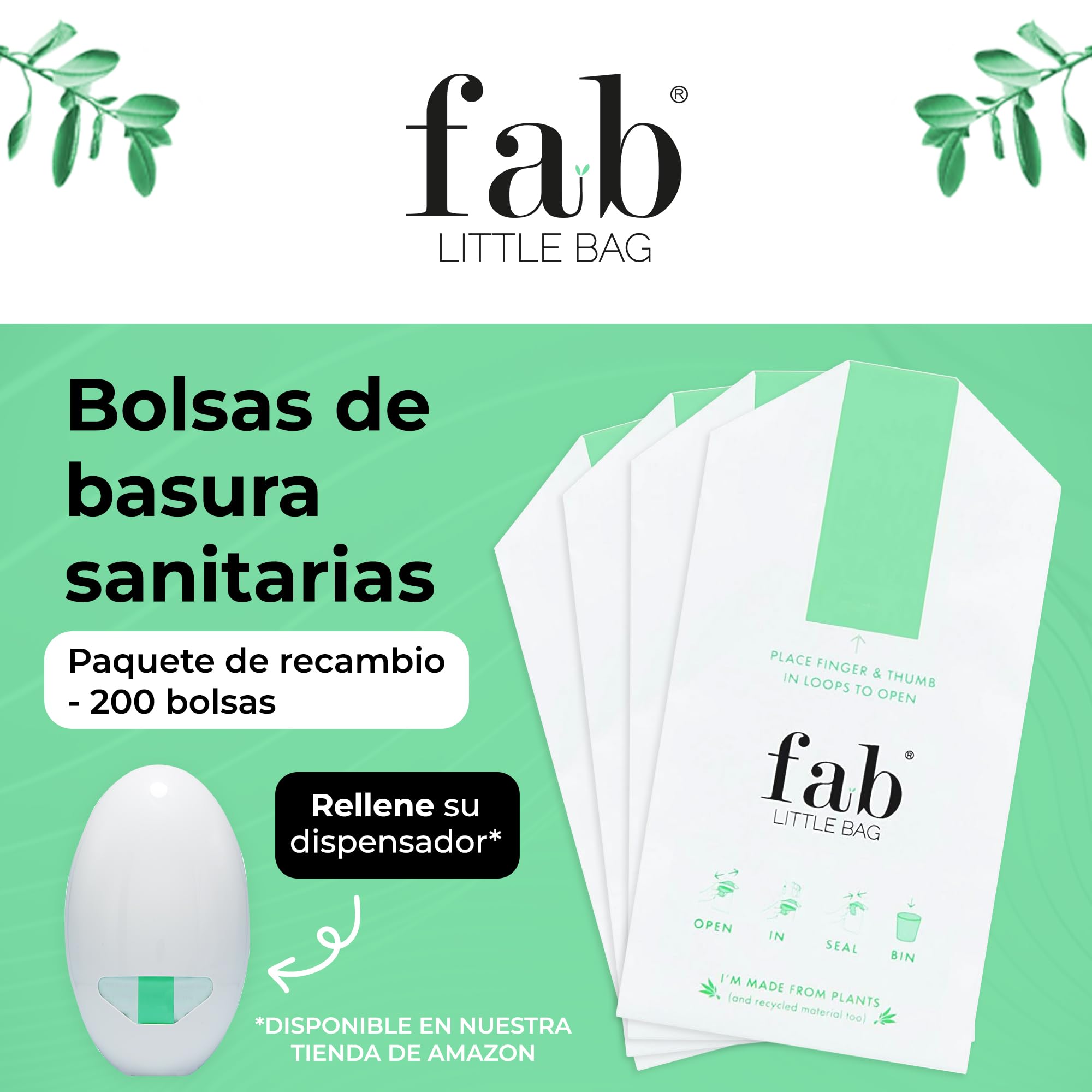 Fab Little Bag Bolsas Sanitarias - Paquete de Recambio de 200 Bolsas para Dispensador (Dispensador Vendido por Separado) - Evita Olores, No ensucia, Ecológico
