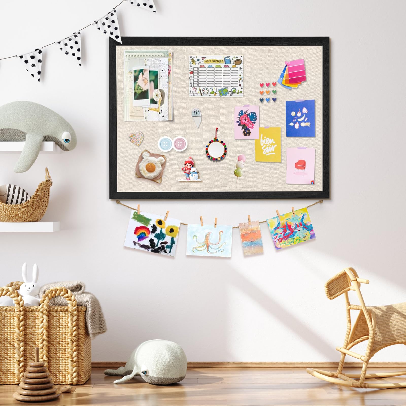 Kork-Pinnwand Mit Holzperlen & Clips – 58 X 45 Cm, Vintage-weiß, Für Küche & Büro