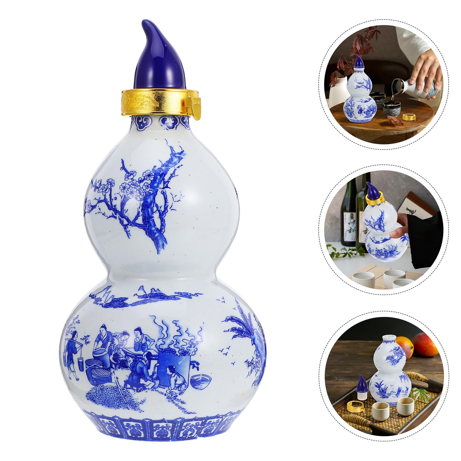 Bottiglia per Sakè in Ceramica Blu, Brocca a Zucca Vintage
