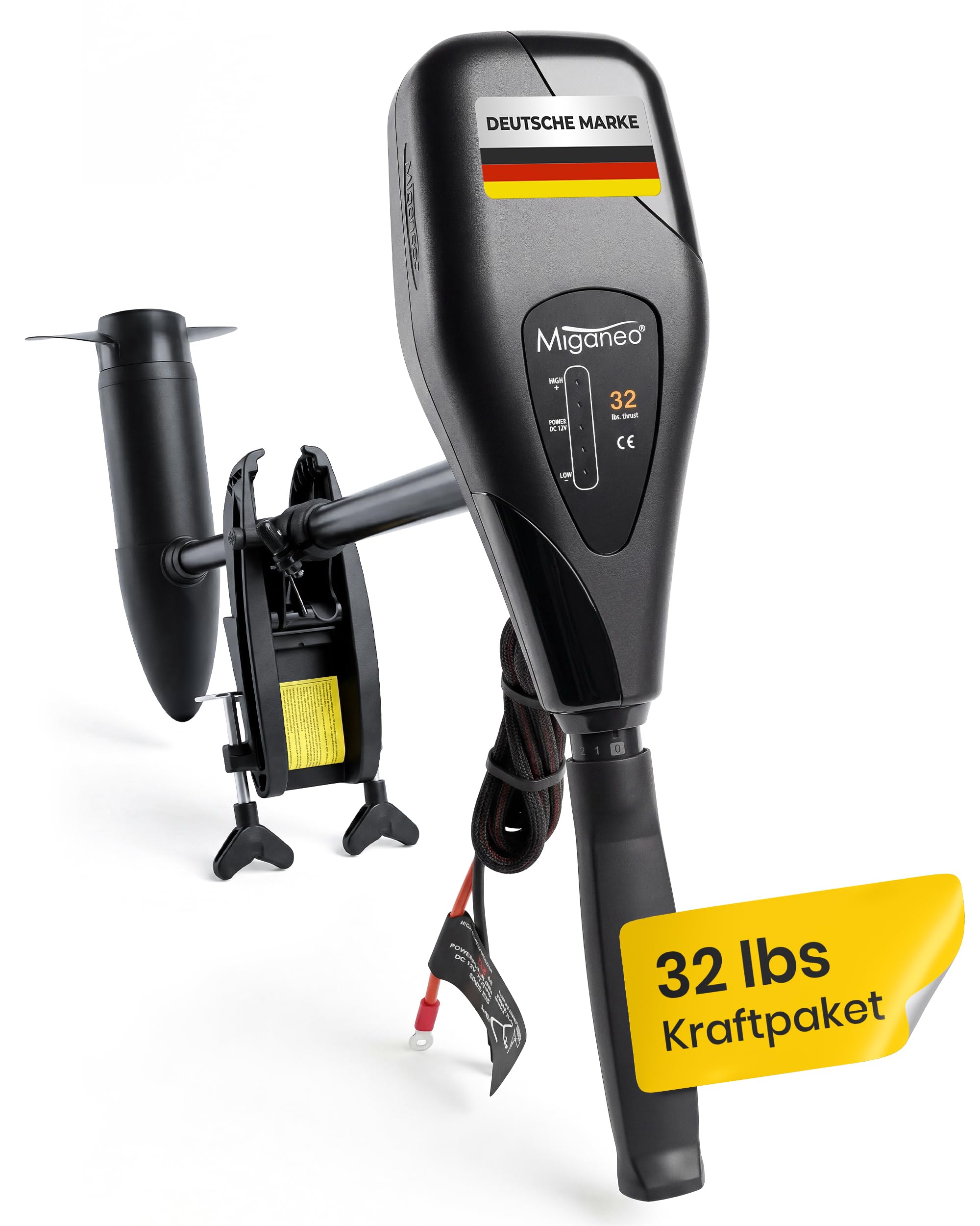 Miganeo Elektromotor Boot TRS 32 lbs – Elektro Außenborder 312 Watt – Salzwassertauglich & mit LED Batterieanzeige – Bootsmotor Elektro 12V auch für Schlauchboote – 5 Vorwärts- & 3 Rückwärtsgänge