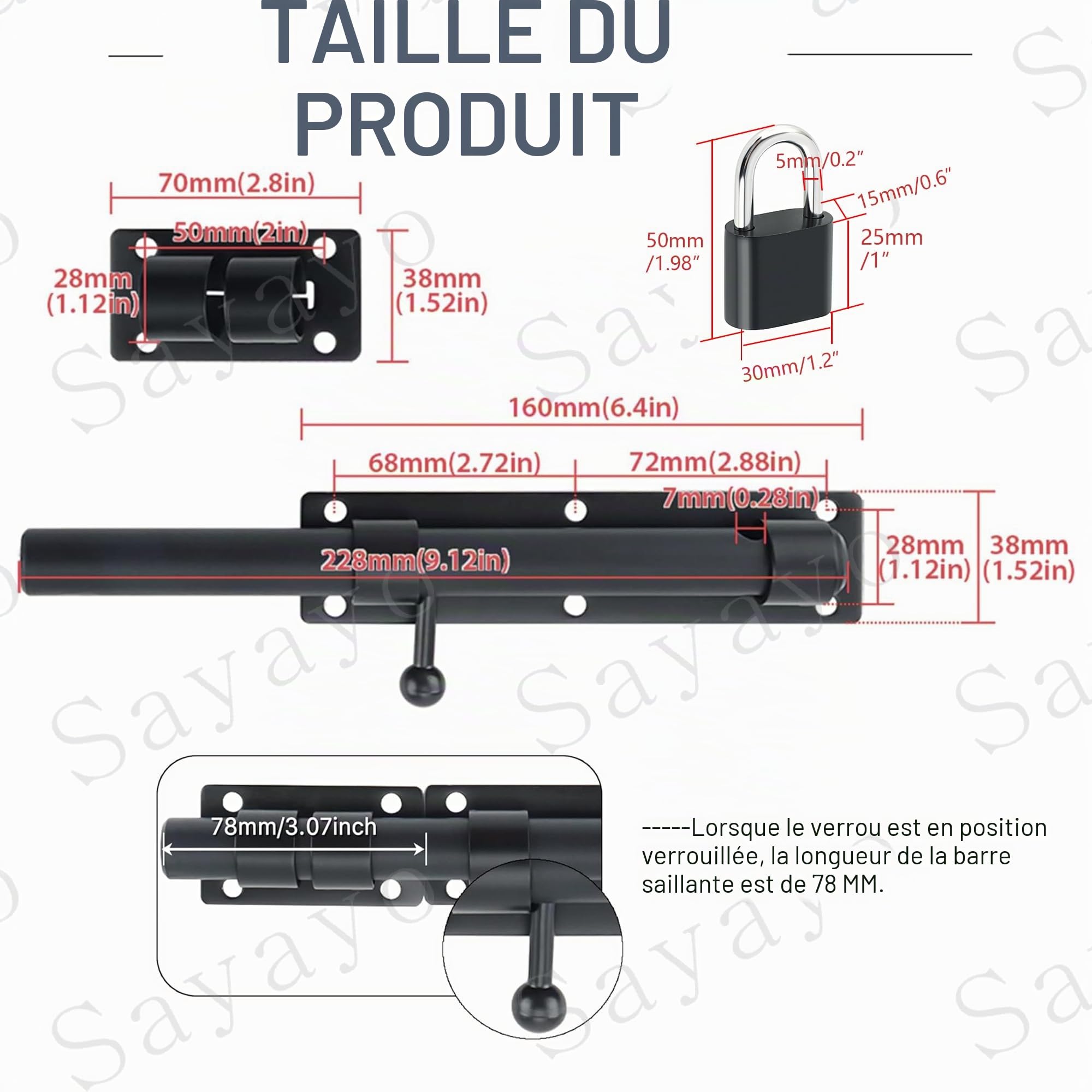 SAYAYO Loquet Porte Exterieur Verrou Porte Coulissante avec Cadenas et 4 Clés, Verrou Portail Robuste en Acier Inoxydable, 230MM Longueur, Noir Mat, EMST8100-B