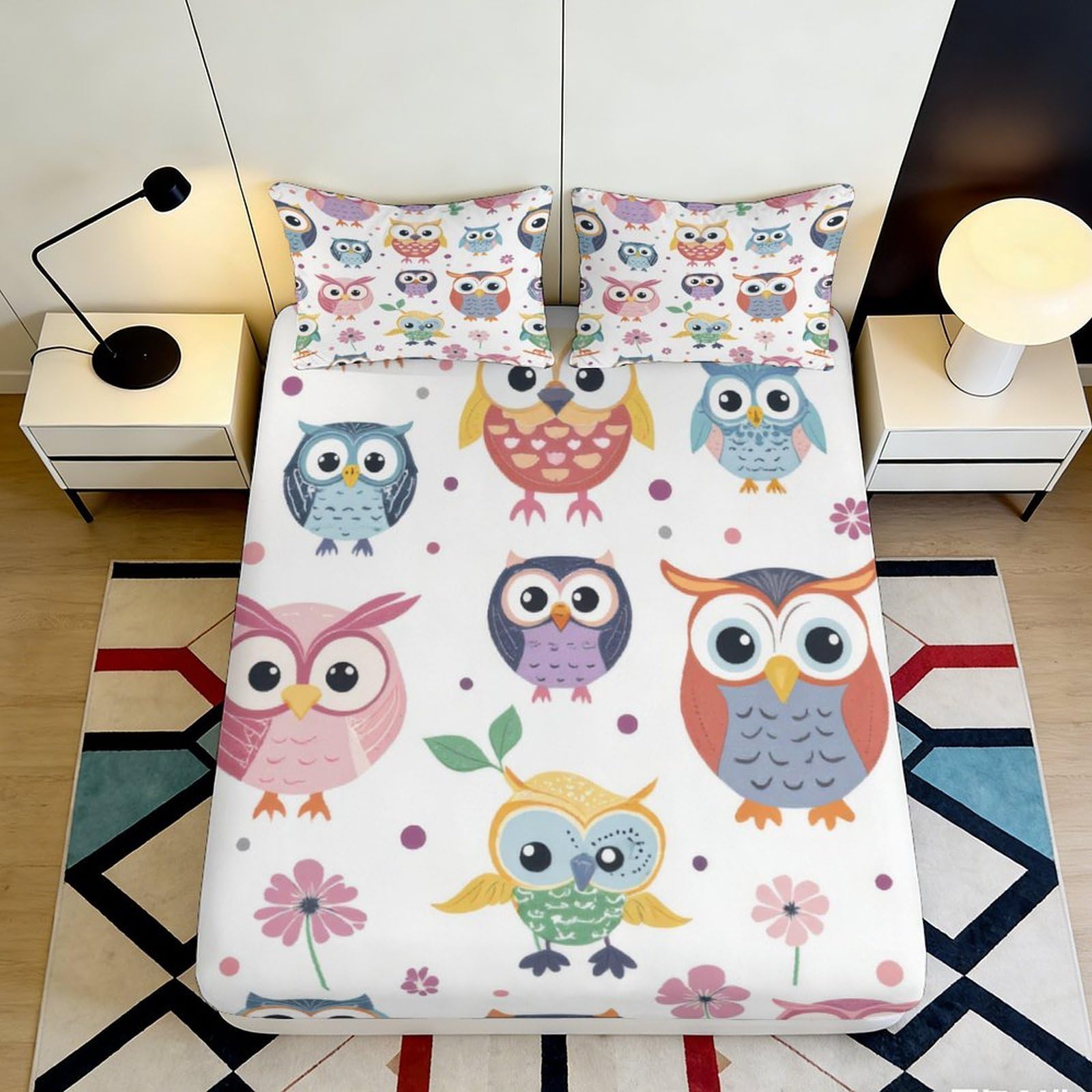 Decorative Owl Pattern Fitted Sheet, 3D Printed, Soft Touch Microfiber, Bed Cover for Bedroom, Guest Room, Apartment Bedding, Easy Care 180x200x25cm