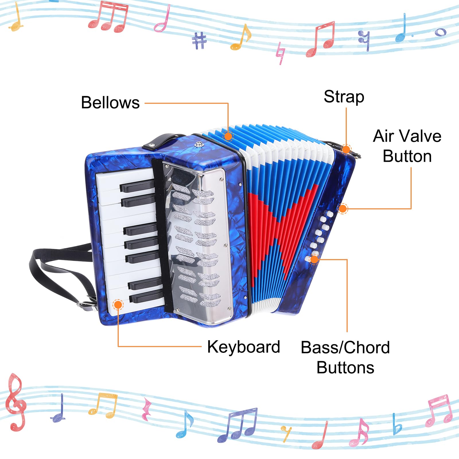 QUARKZMAN Accordion, 17 przycisków, 8 przycisków basowych, akordeon, mini instrument muzyczny, lekki, dla dorosłych, początkujących, do nauki, granatowy