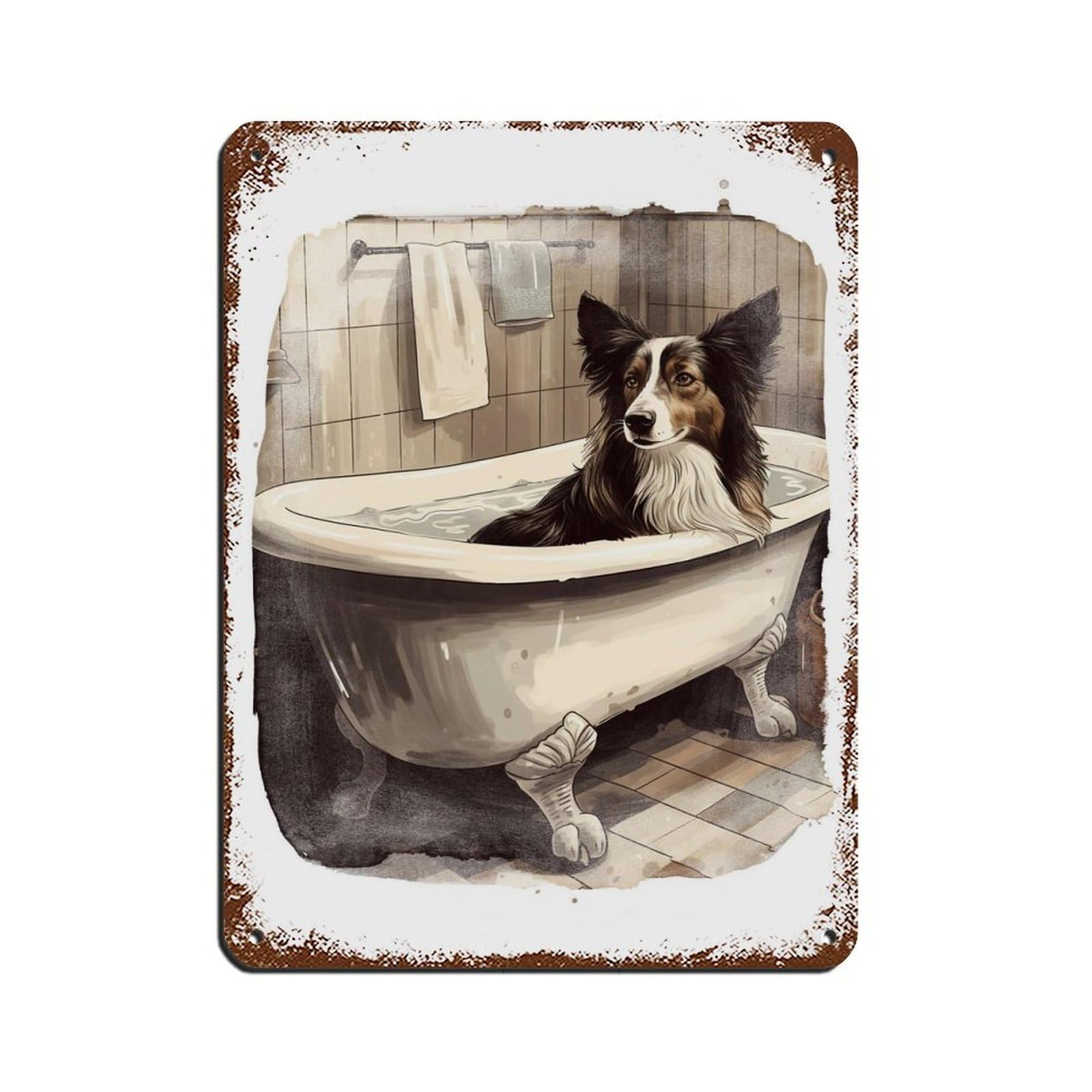 Whimsical Watercolour Border Collie Bath Art Tin Sign Vintage Metal Pub Club Cafe Bar Home Wall Art Decoration Poster Retro 12x16inch(30x40cm)