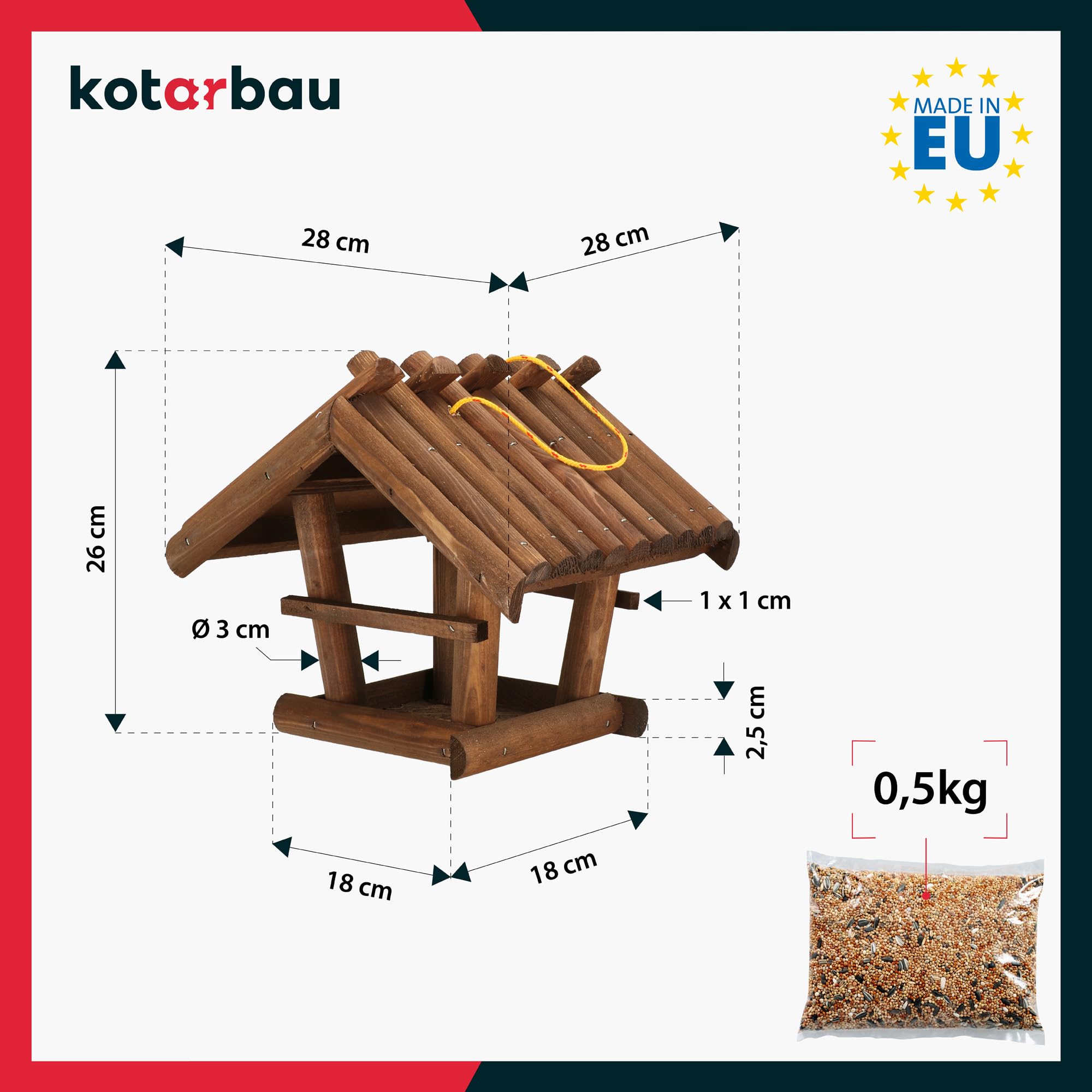 KOTARBAU® Mangeoire Oiseaux à Suspendre - Bois - 27x28x26 cm - Naturel - Mangeoire Oiseaux Extérieur - avec Ourriture Oiseau 0,5 kg - Marron