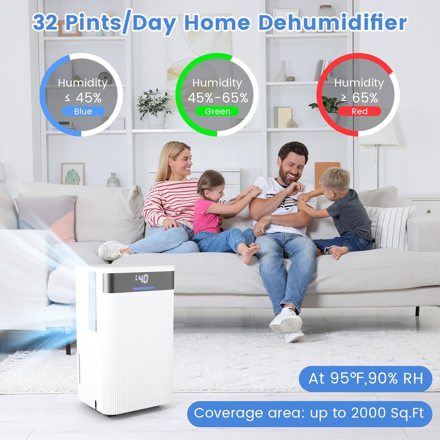 DORTALA 32 Pints Dehumidifier, 2000 Sq.Ft Portable Dehumidifiers with Drain Hose, 3 Modes, 24H Timer, 3-Color Lights for Home, Bathroom, Bedroom